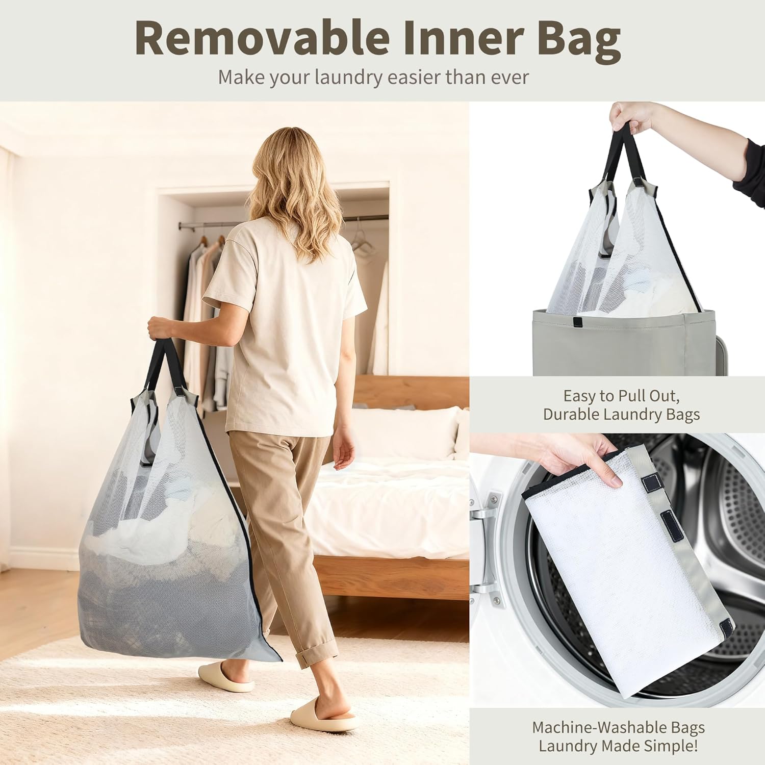 80L Large Laundry Hamper with Lid, Foldable Laundry Bag for Washing Machine with Removable Inner Bag, Dirty Hampers for Bedroom, Bathroom,Laundry Room, College (Grey) image 5