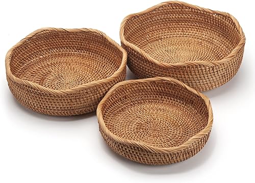 Miniatura 10 de Cestas redondas de frutas de ratán tejidas, cuencos de almacenamiento apilables para estantes, cocina, mesa, juego natural de 3