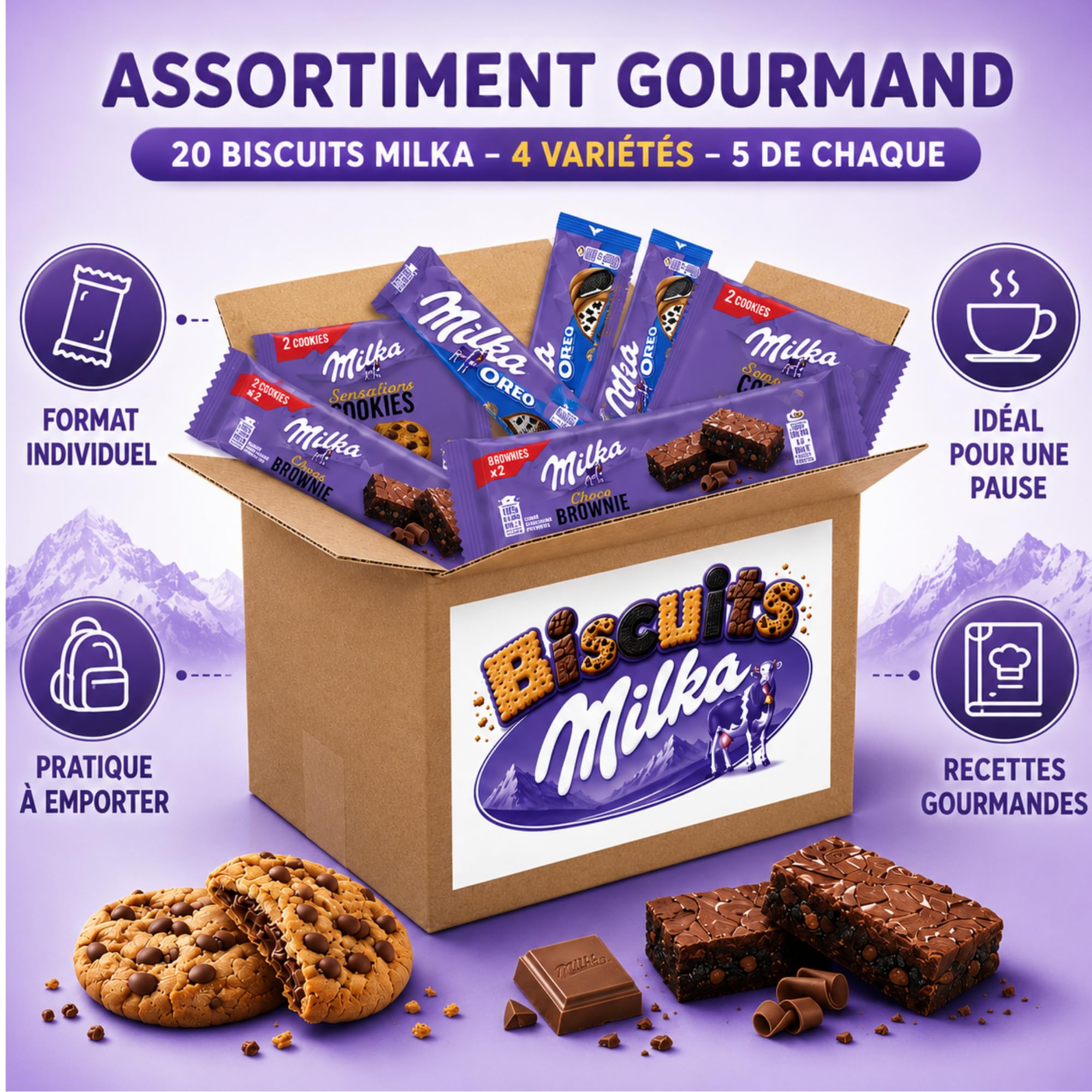 MILKA, OREO - 20 Barres Chocolat, Biscuits Individuels : Cookies, Brownie