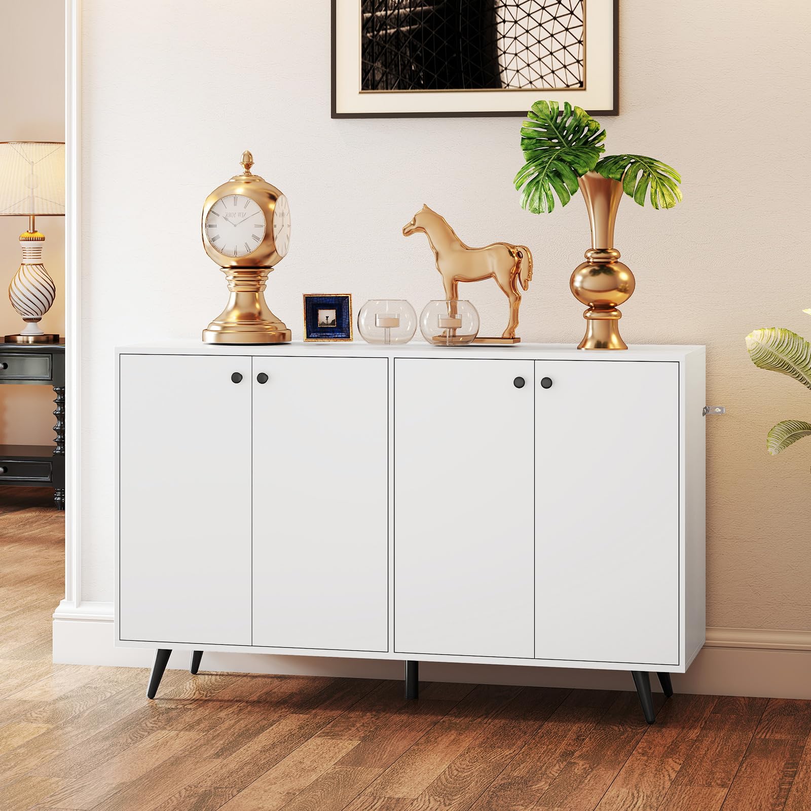 COSTWAY Sideboard Holz, Kommode mit 4 Türen & 5-Fach verstellbare Ablagen, Anrichteschrank Buffetschrank Küchenschrank, Schrank modern, für Wohnzimmer, Küche, Esszimmer, 127,5 x 38 x 80 cm, Weiß