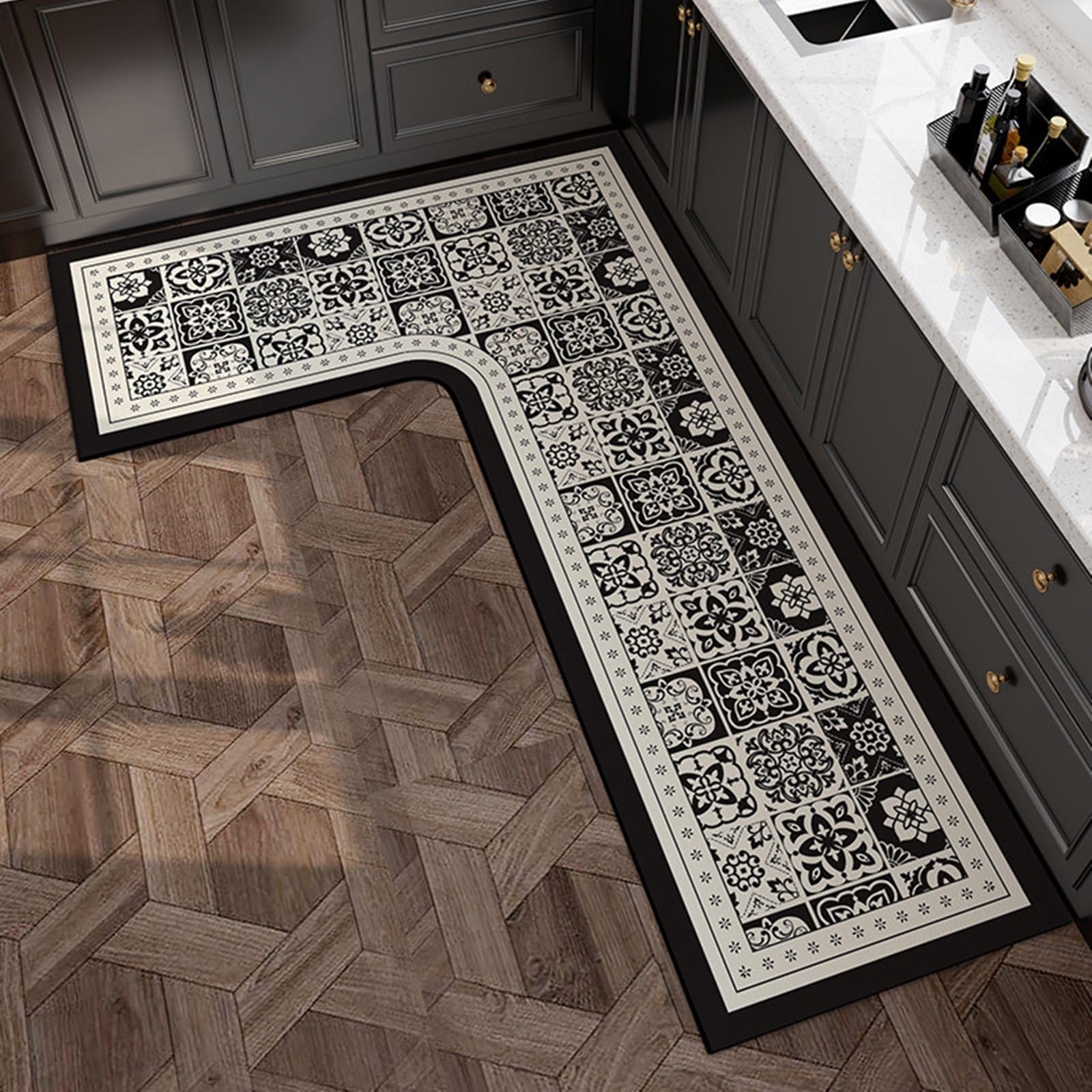 L-Shaped Kitchen Rug - Non-Slip Absorbent Floor Mat, Washable Anti-Fatigue Corner Carpet for Sink Area, Oil & Water Proof Kitchen Mat (Black Morocco Right L, 39''x59''x18'')