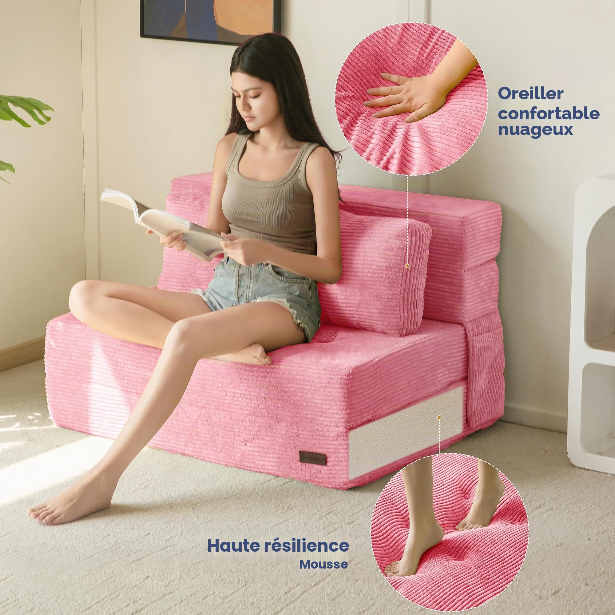 MAXYOYO Canapé-lit avec Matelas Pliant Confortable en 4 Parties de 15 cm d'épaisseur et 1 Coussin, canapé Pliant avec Fonction de Sommeil, Matelas d'invités Pliable