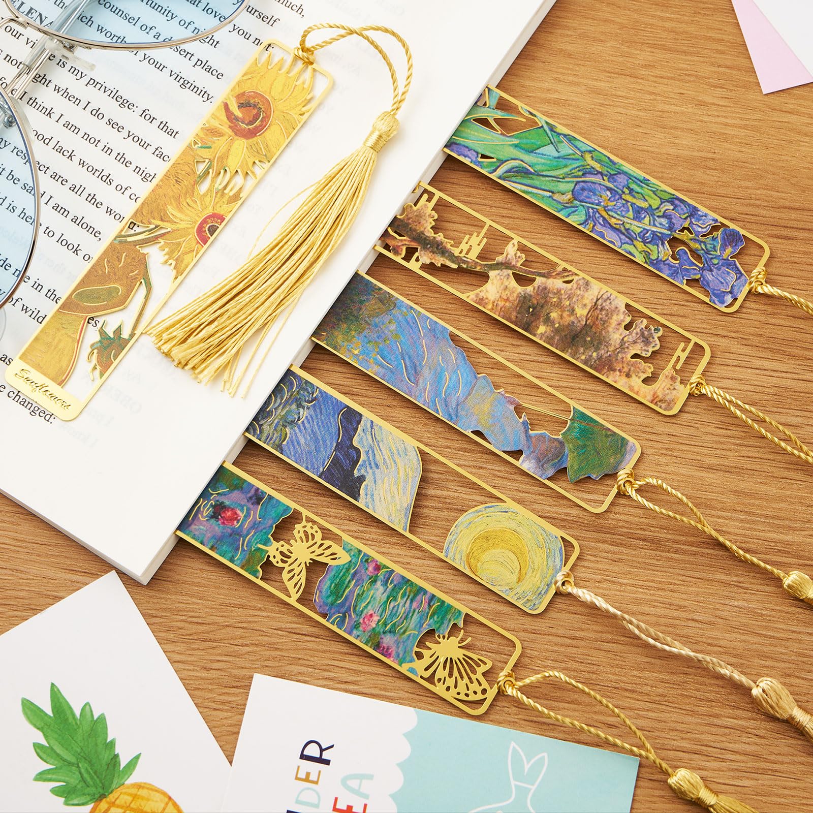 ZOUIQSS Metal Bookmarks with Tassel Golden Hollow Bookmark Van Gogh Oil Painting Theme Book Mark Bookmarks for Book Lovers Writers Readers Men Women,6 Pieces,Style3 - Image 3
