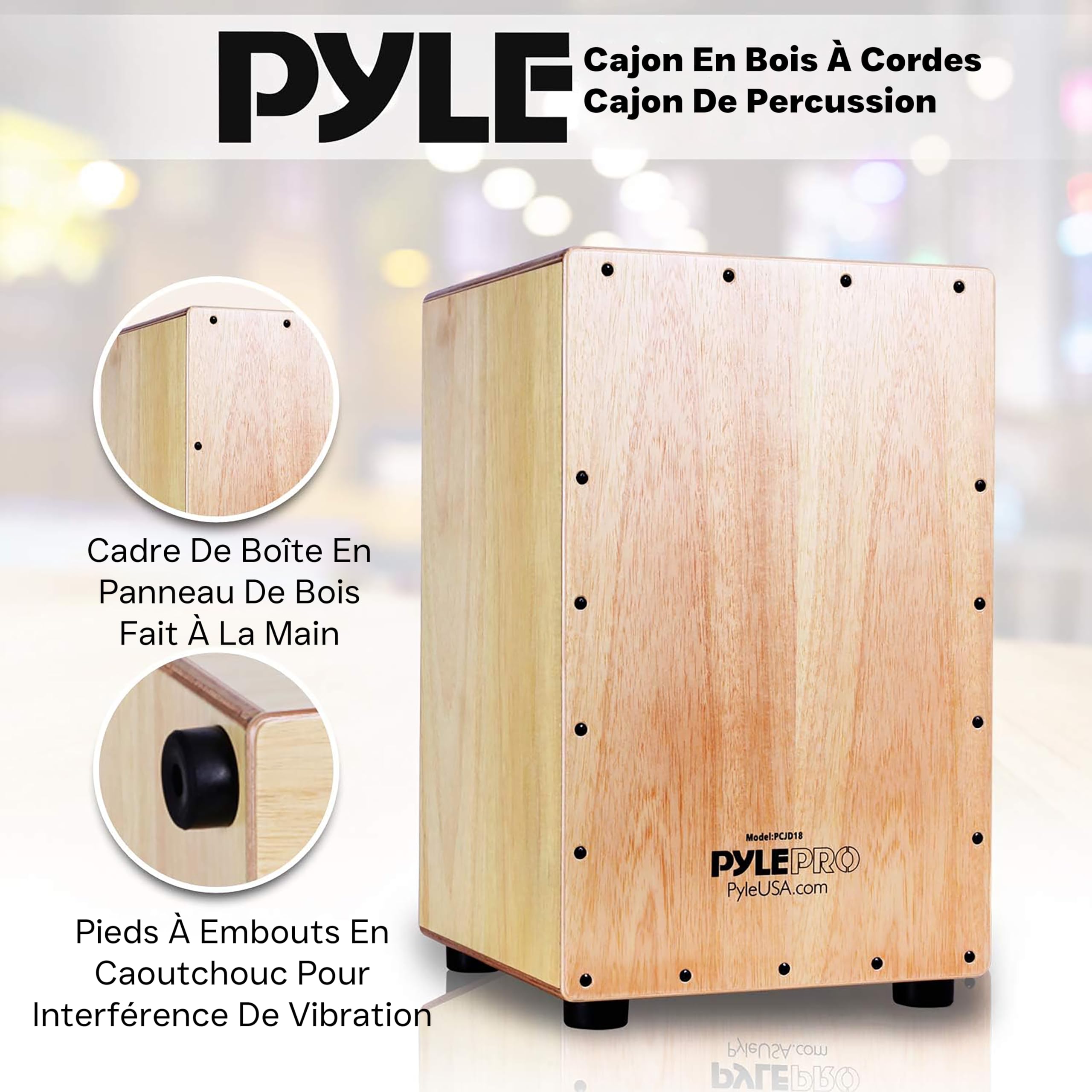 Pyle Cajón Compact Acoustique en Bois de Bouleau avec Cordes de Guitare Internes - Caisse à Percussions avec Son de Basse Profonde, Claquement Classique et Crépitement