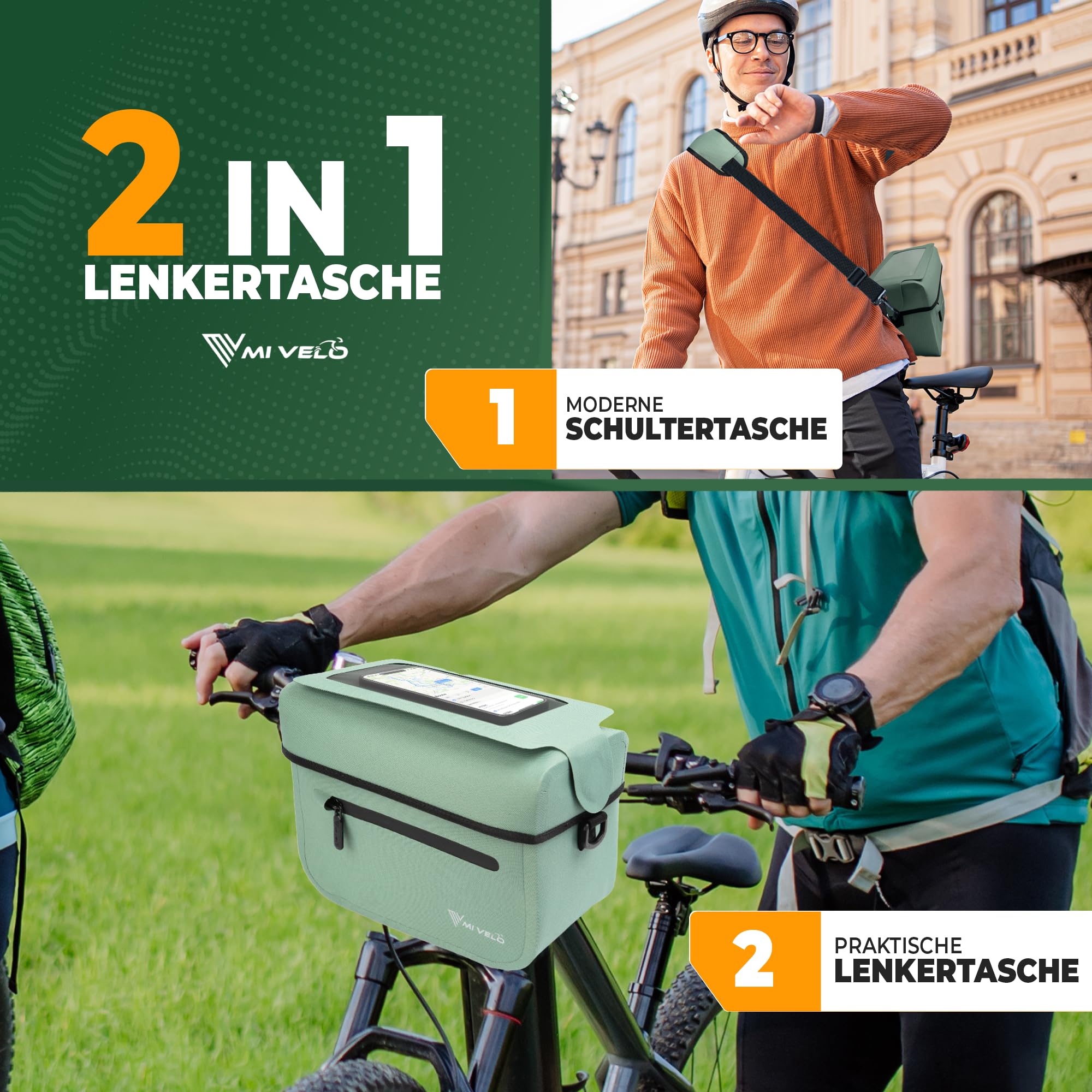 MIVELO Sacoche de guidon de vélo, 100 % étanche, 7 litres, compatible avec vélo électrique (menthe)