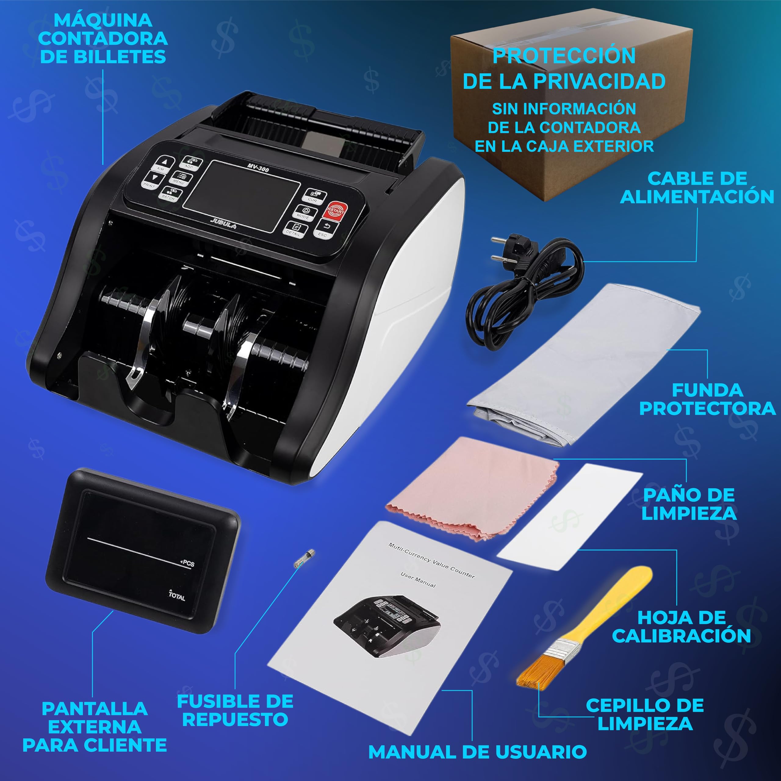 MV-300 Contador de Billetes Mixtos con 8 Veces Reconocimiento de Falsos EUR USD GBP