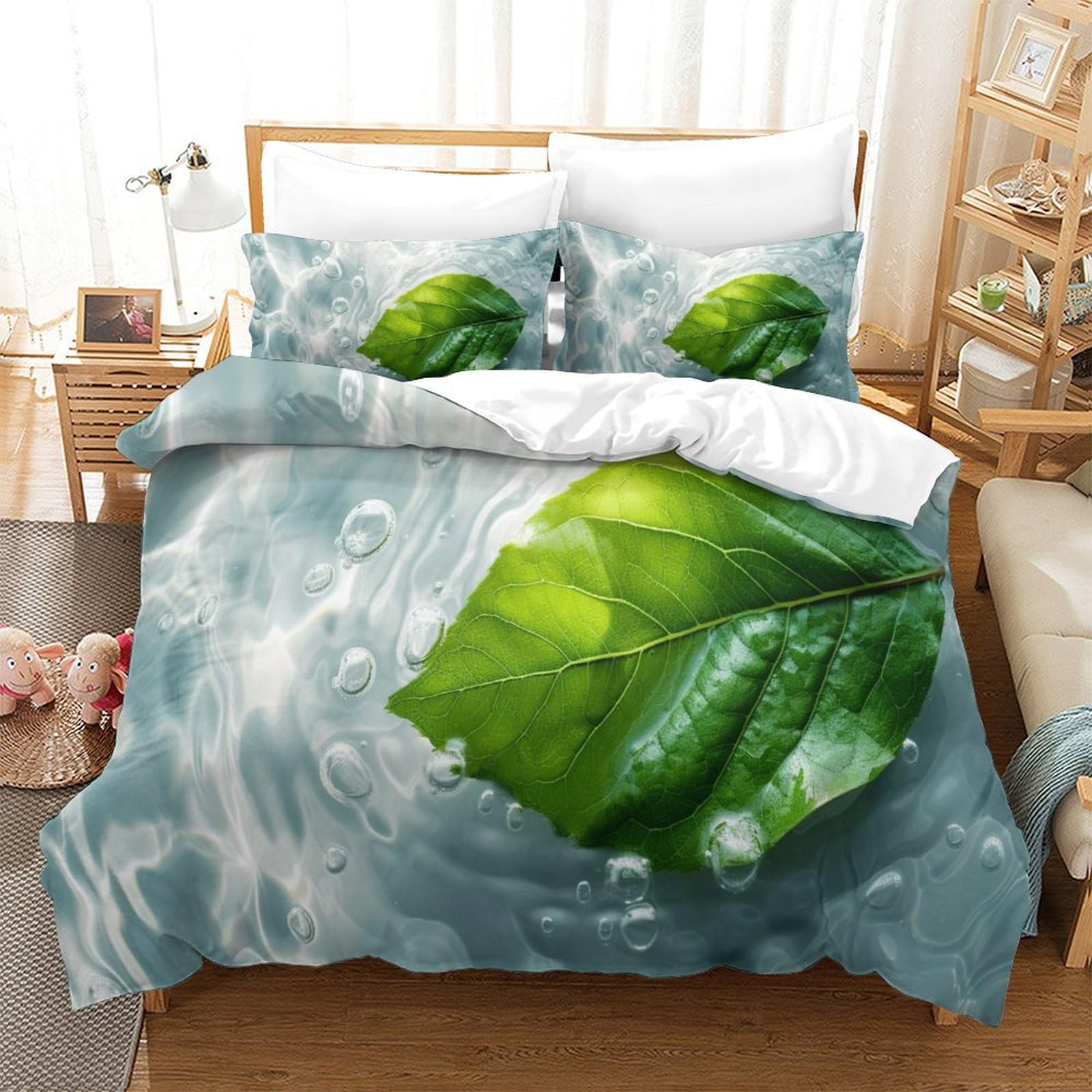 P1s9u7w5y Water Ripple-5 Refreshing Water 3D Printed Leaf Duvet Cover Set 3Pcs Microfiber Leaf Bedding Set Double（200X200cm）
