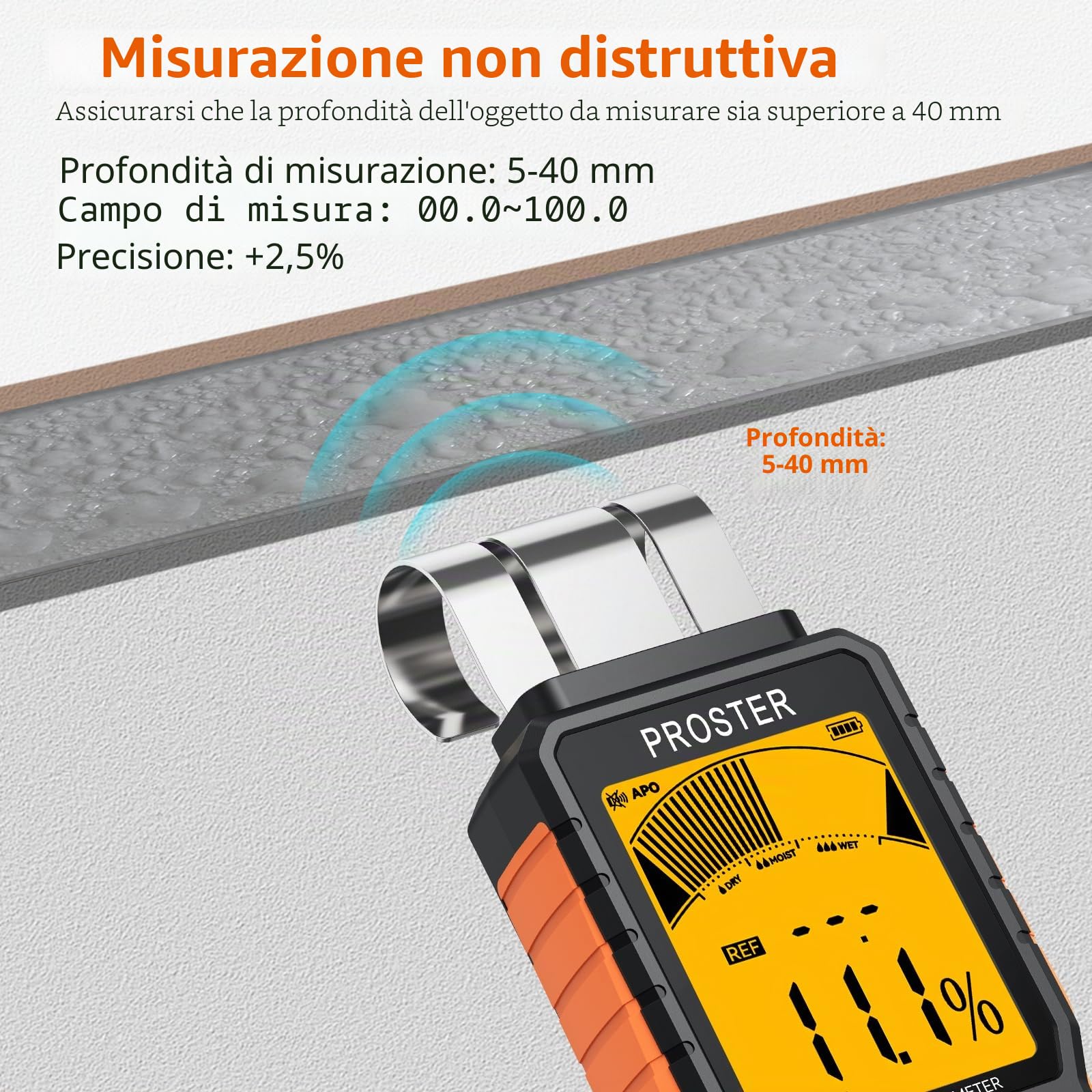 Proster Misuratore di Umidità Ricaricabile Senza Punte per Pareti con Schermo LCD a 3 Colori e 5 Modalità Legno Calcestruzzo Cemento Gesso INDEX Allarme Sonoro e Luminoso Rilevamento Fino a 40 mm