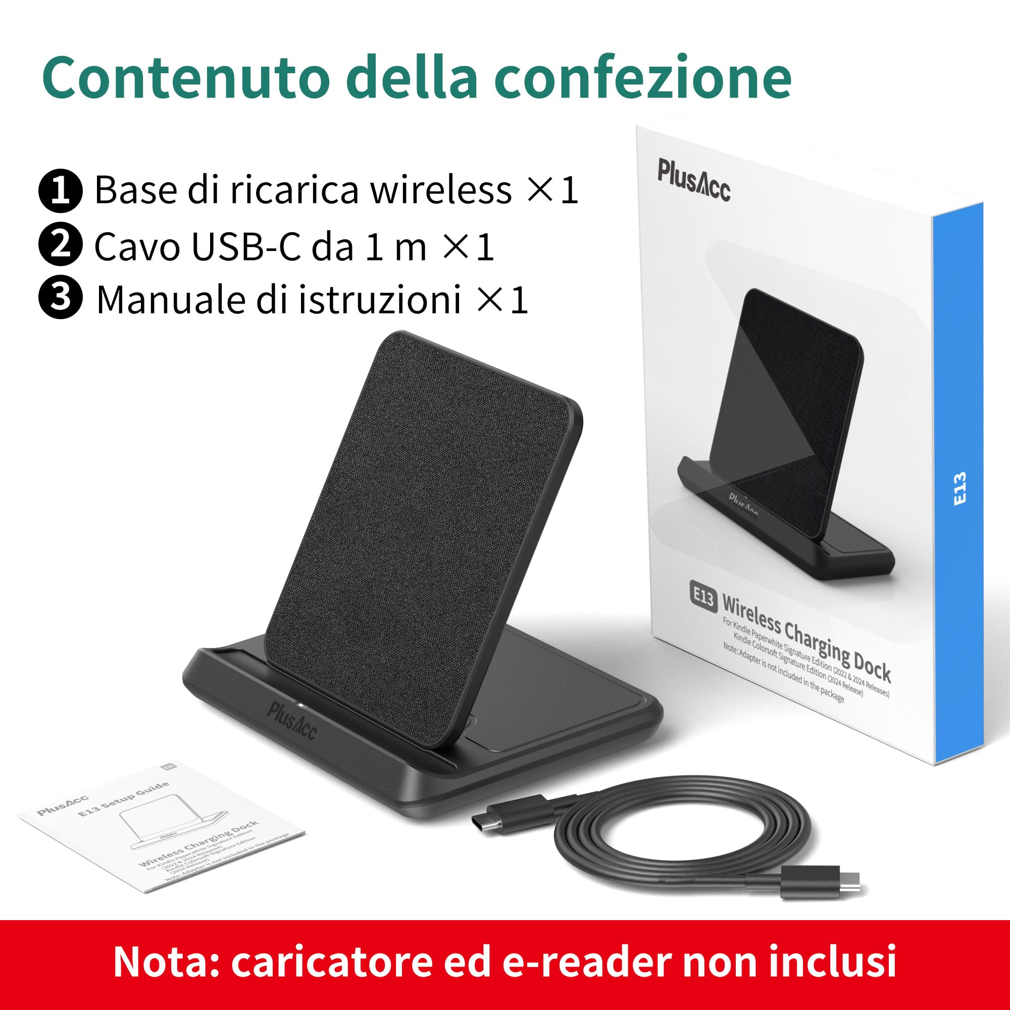 PlusAcc Dock di ricarica wireless per Kindle Paperwhite Signature Editions (versioni 2022 e 2024), Colorsoft Signature Edition e smartphone, supporto pieghevole per caricabatterie compatibile con
