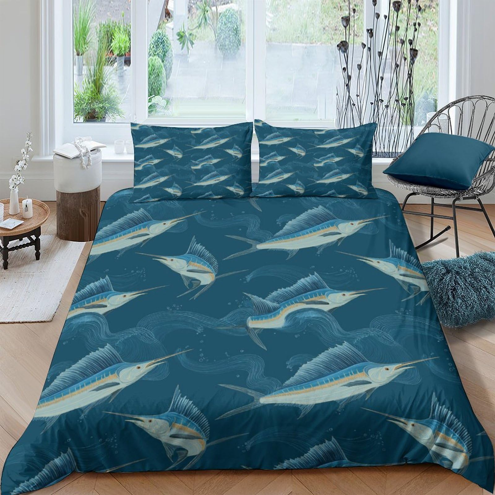 GPLZQXKJNH 3D Printed Blue Ocean Wave Duvet Cover Microfiber Soft Breathable Fish Pattern Bedding Set with 2 Pillowcases for Bedroom Decor Single（135x200cm）