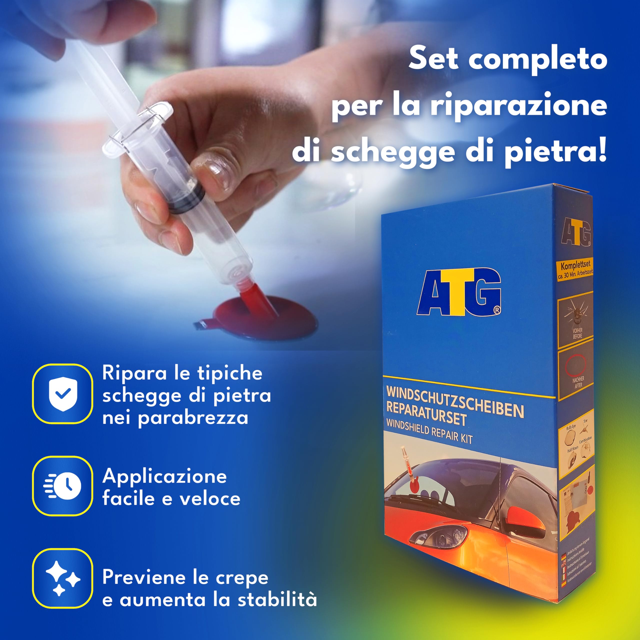 ATG® Kit riparazione parabrezza auto – Resina riparazione vetro auto per crepe e scheggiature | Ripara parabrezza auto | Soluzione rapida per danni da impatto