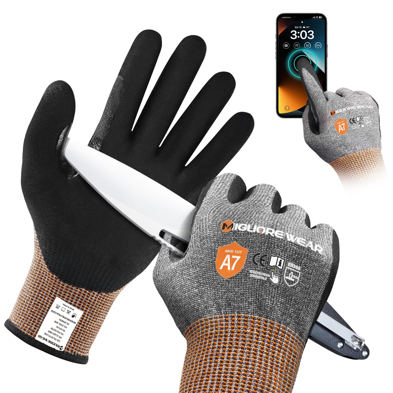 Migliore Wear Level A7 Schnittfeste Handschuhe, TOUCHSCREEN Schnitzhandschuh mit Nitrilhandfläche, Fester Griff, Leicht Ölfeste Schnittschutz Handschuhe Herren & Damen Baumarkt