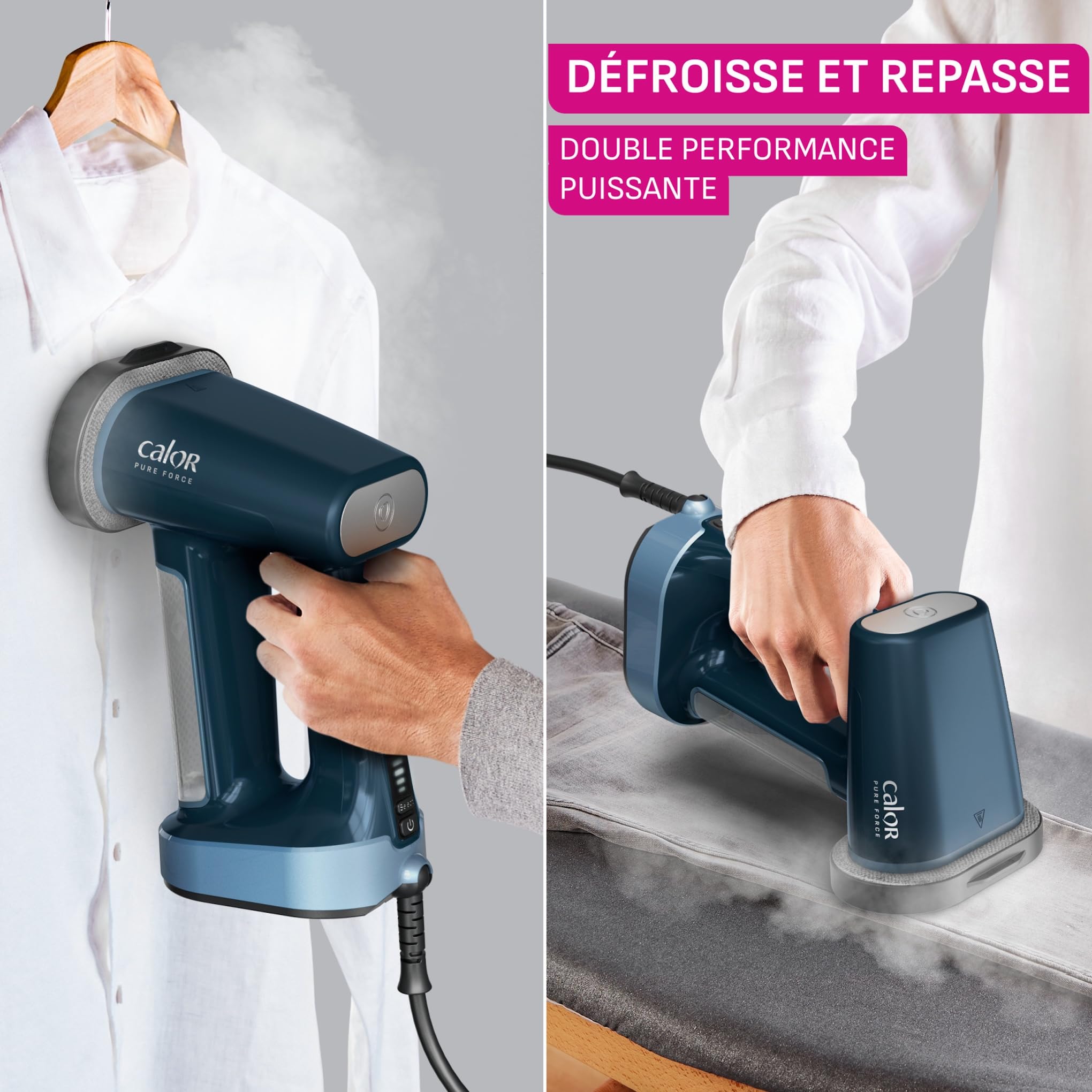 Calor Pure Force 3en1, Défroisseur à main et fer à repasser, Utilisation verticale/horizontale, Nettoie, 1800W, 35g/min, Prêt en 25s, DT8755C0, Bleu Métallisé