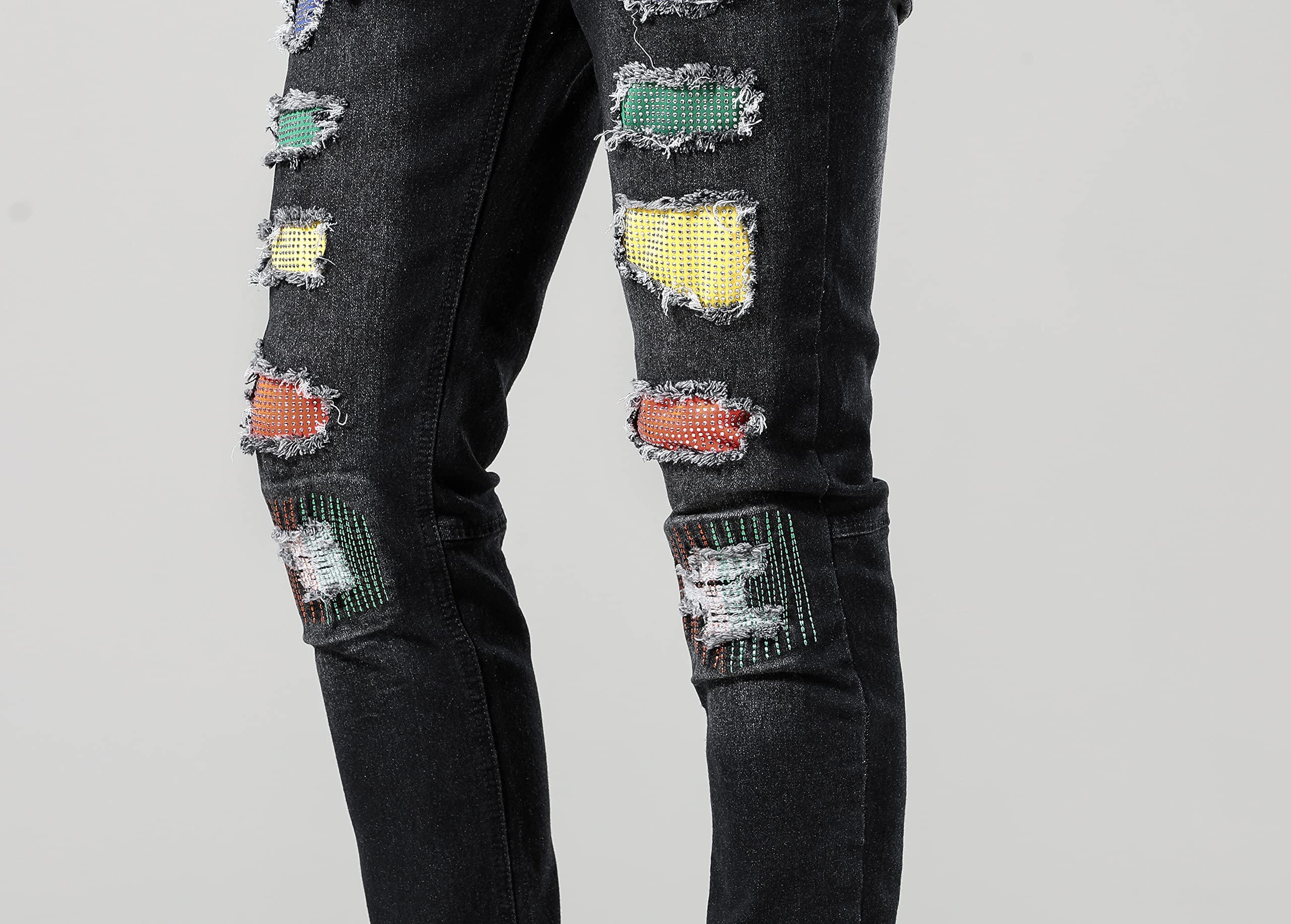 Skinny Slim Fashion męskie podarte proste dziury Hip Hop Biker Stretch Jeans, Czarny (1617), 34W / 31L