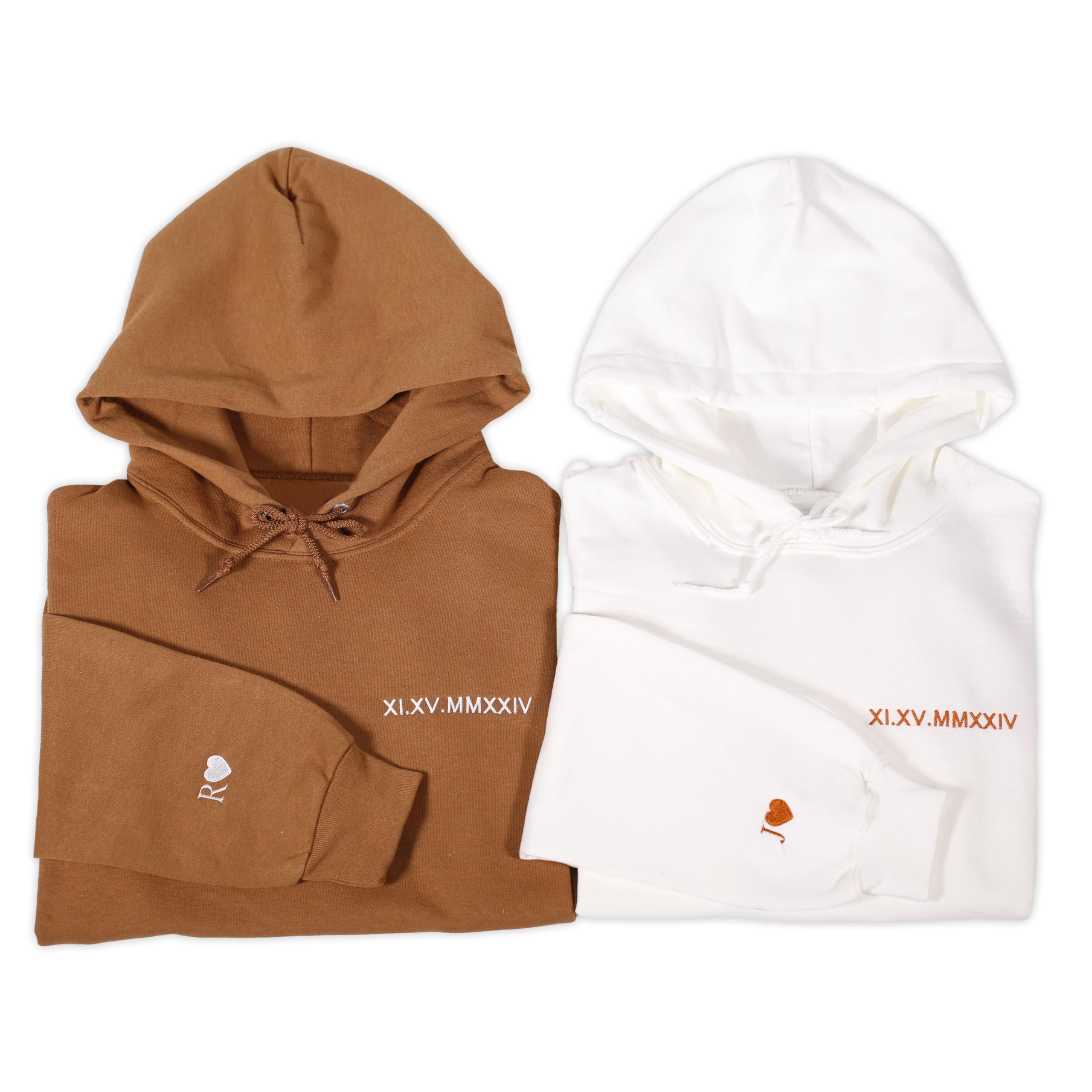 EPIGNACustom Embroidered Roman Numeral Hoodies, Valentine Gift for New Couples, Special Day Date/Initials on Sleeve, Wedding Day Roman Numeral, Matching Couple Hoodies With Initial Heart