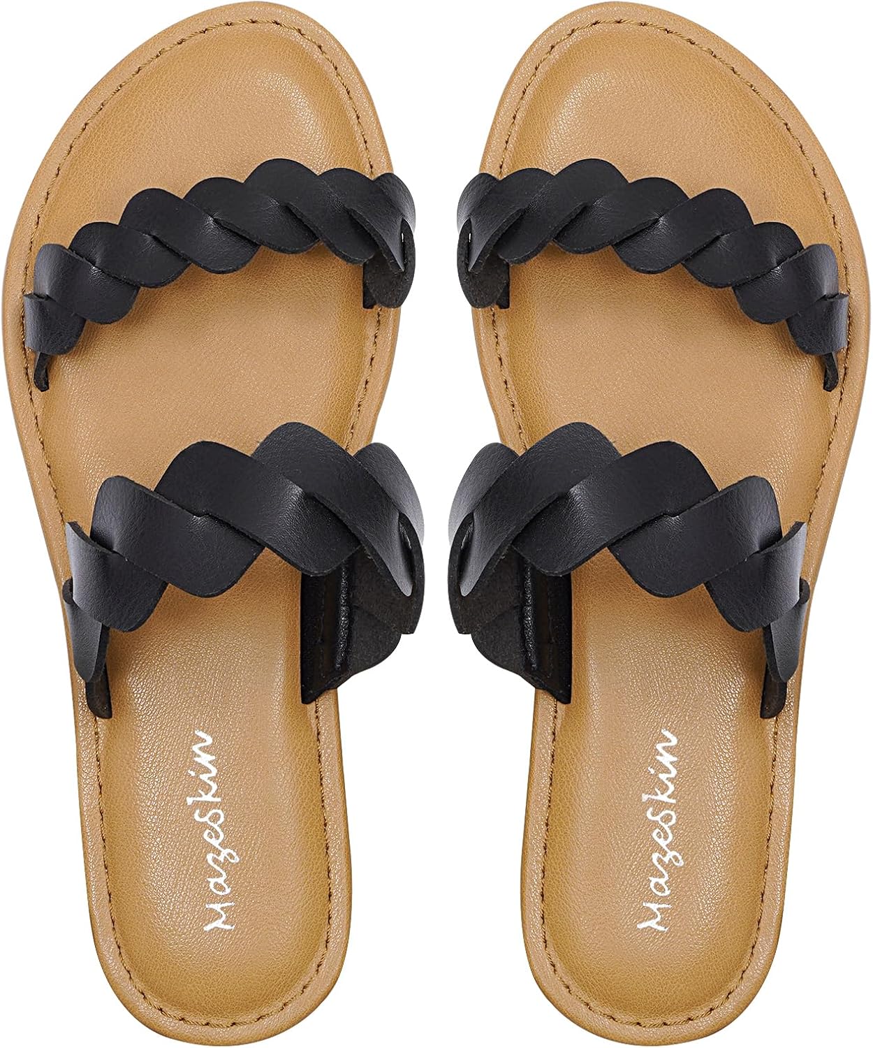 mazeskin Women's Memory Foam Two Braid Band Comfortable Summer Straps Flat Slide Sandals