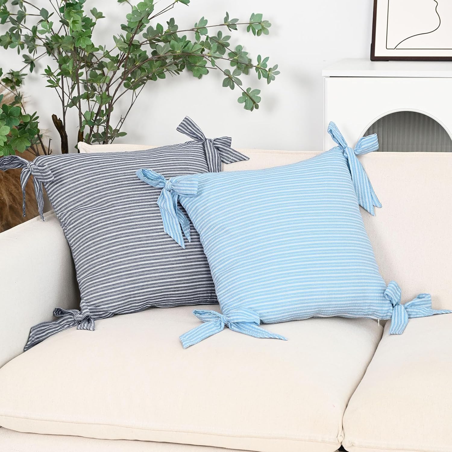 vctops Pack of 2 Cotton Stripe Decorative Throw Pillow Covers 18x18 Inch Boho Bow Square Cushion Cover Pillowcase Modern Farmhouse Home Decor for Sofa Bedroom Couch (Navy,18"x18")