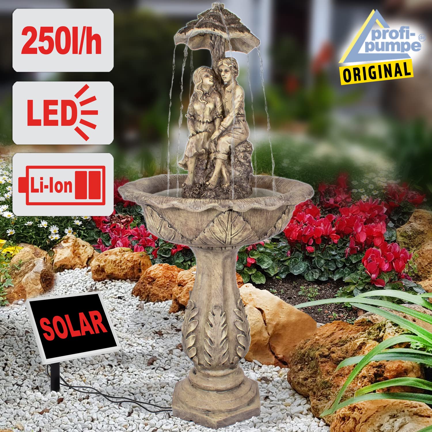 Fuente Solar Fuente Jardin con Forma de Cascada para terraza, balcón, con función de Encendido instantáneo con batería de Iones de Litio y luz LED, Batería de Ion de Litio