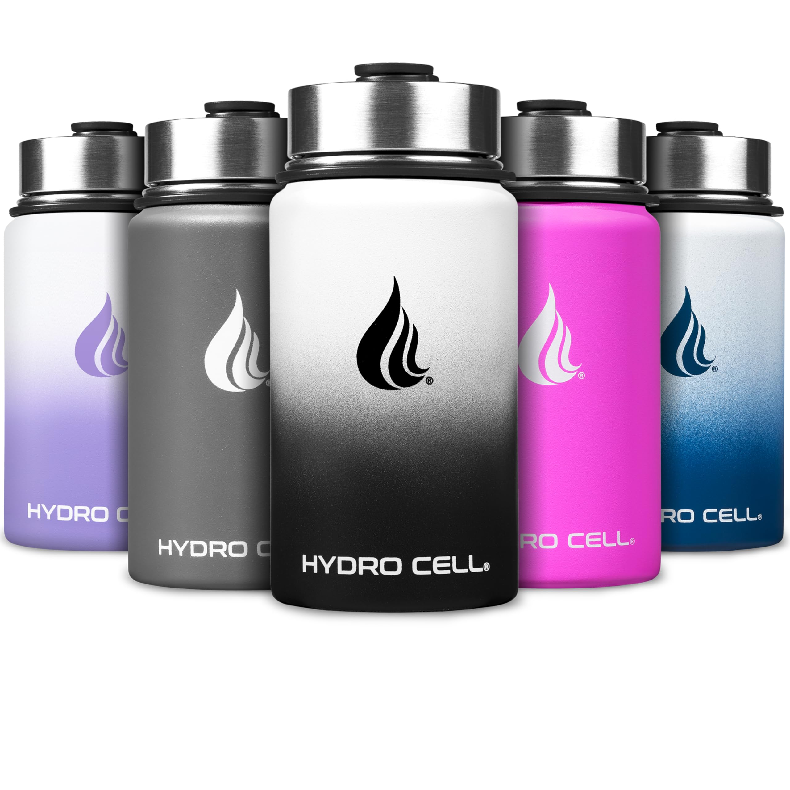 HYDRO CELL Stainless Steel Insulated Water Bottle with Straw - For Cold &amp; Hot Drinks - Metal Vacuum Flask with Screw Cap and Modern Leakproof Sport Thermos for Adults (Black/White 14oz)