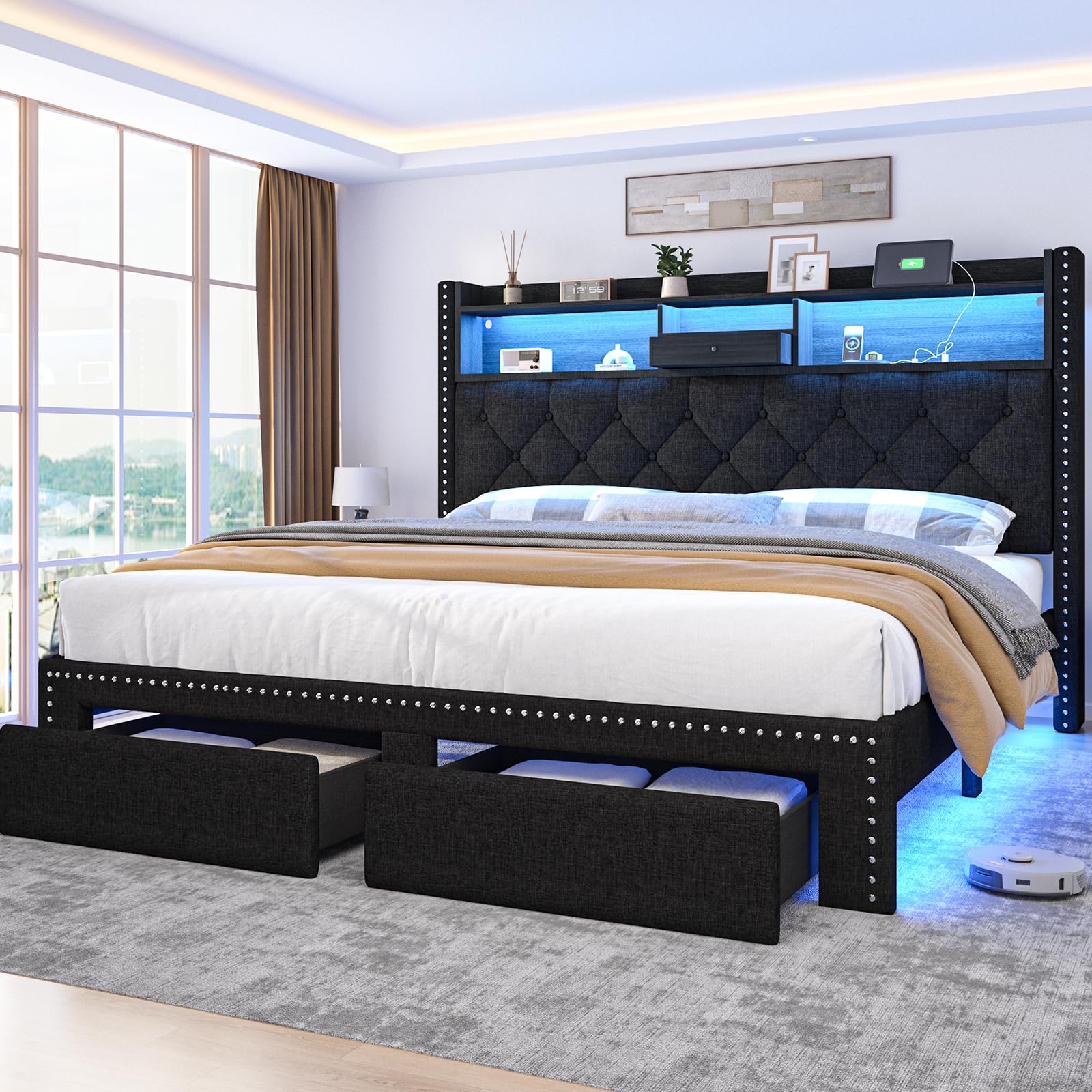 Linen Full Size Bed Frame with 2-Tier Storage Headboard and Charging Station Upholstered Platform Bed Frames with 2