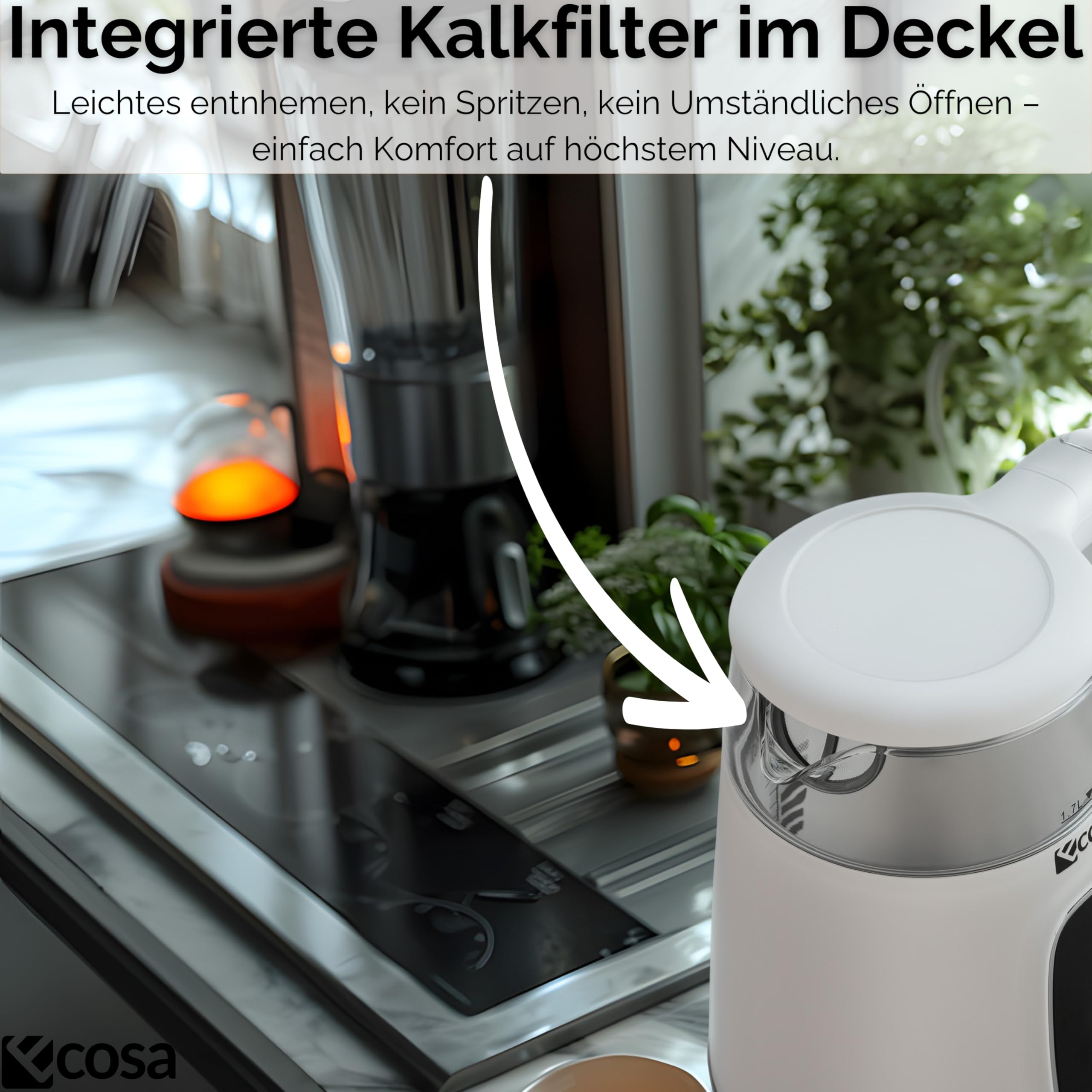 Ecosa Czajnik elektryczny z regulacją temperatury, szkło, stal szlachetna, zaparzacz do herbaty, 1,7 l, 2200 W, bez BPA, z wyborem temperatury 40°C – 100 °C – funkcja utrzymania ciepła LED (Woldo