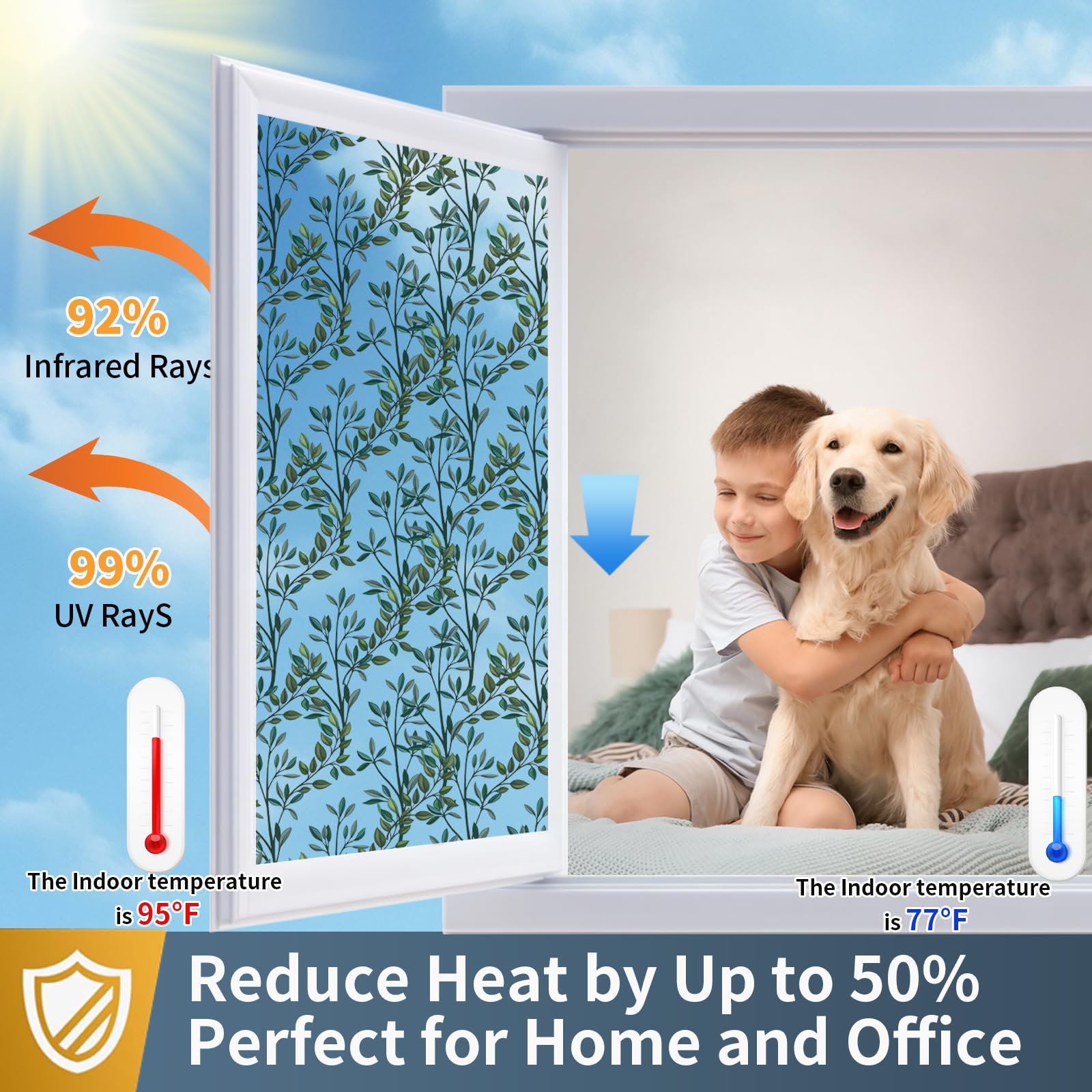 Countewol Upgraded Window Privacy Film One Way Daytime Privacy Static Cling Sun Blocking Anti UV Reflective Window Tint for Home and Office (Silver ?Leaves?, 17.5 X 78.7 in)