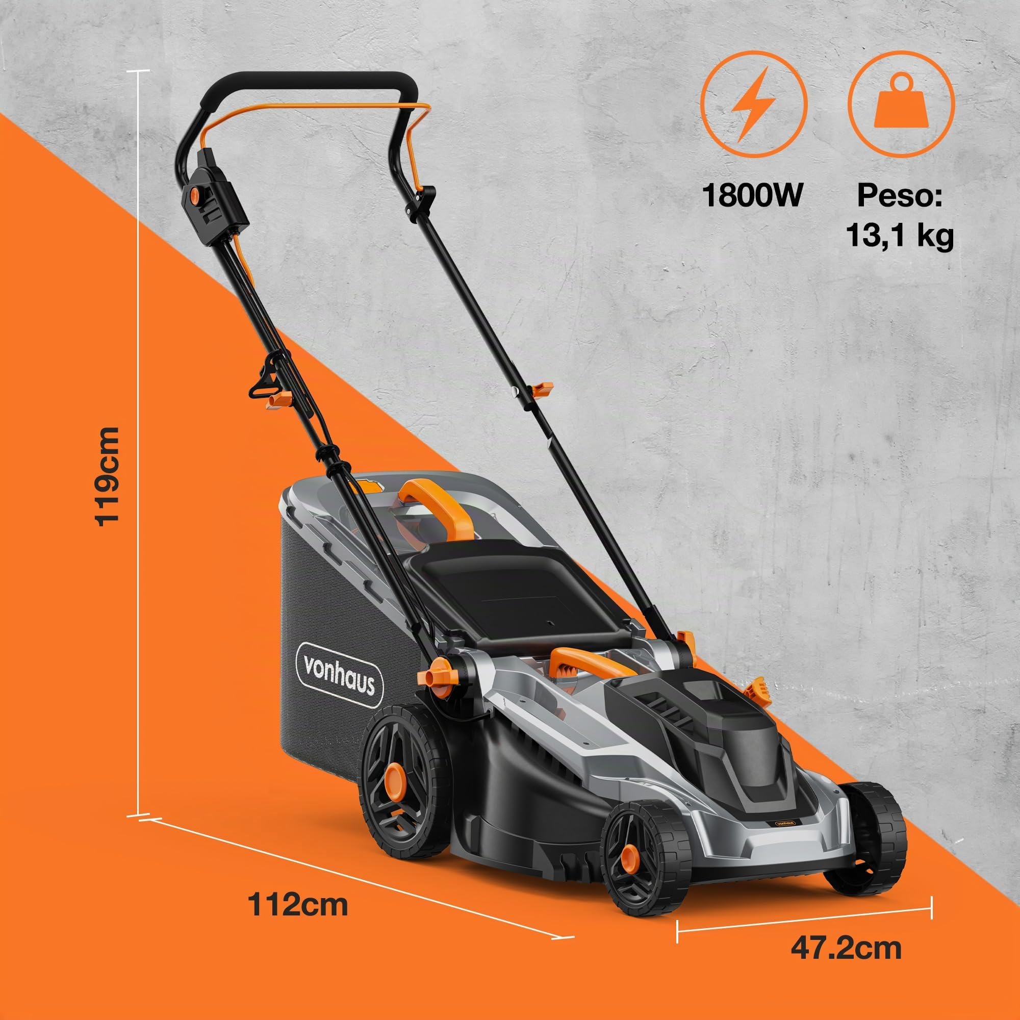VonHaus Cortacésped Eléctrico - Cortadora de Césped Eléctrica, 380-430 mm de Ancho de Trabajo - Bolsa de 42-52 L, Manillar Plegable y Ajustable, 5 Niveles de Corte, Asa de Transporte (1800 W)