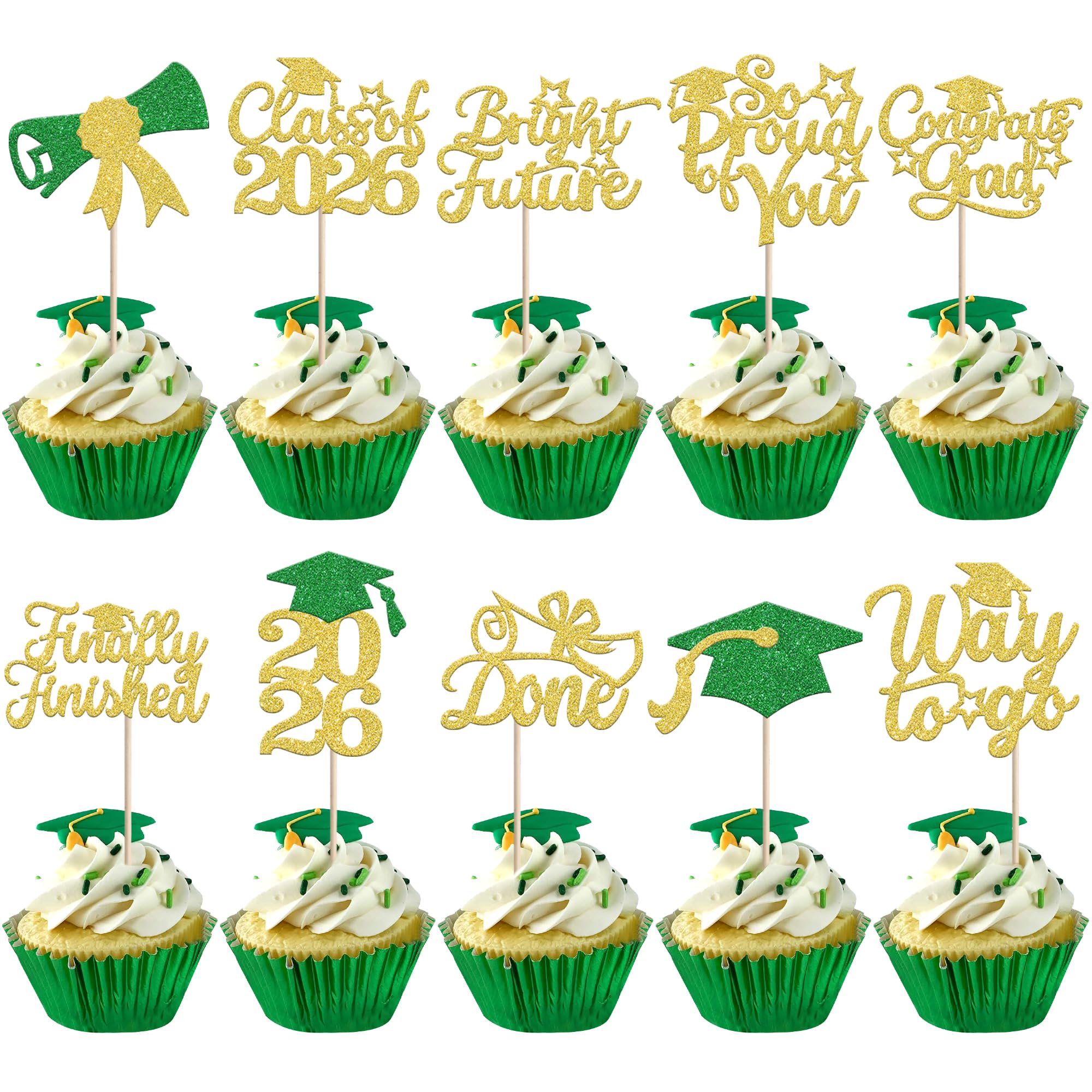 30 PCS 2026 Graduation Cupcake Toppers Glitter Diploma Congrats Grad 2026 Done Graduation Cap Cupcake Picks Way to Go Class of 2026 Cake Decorations