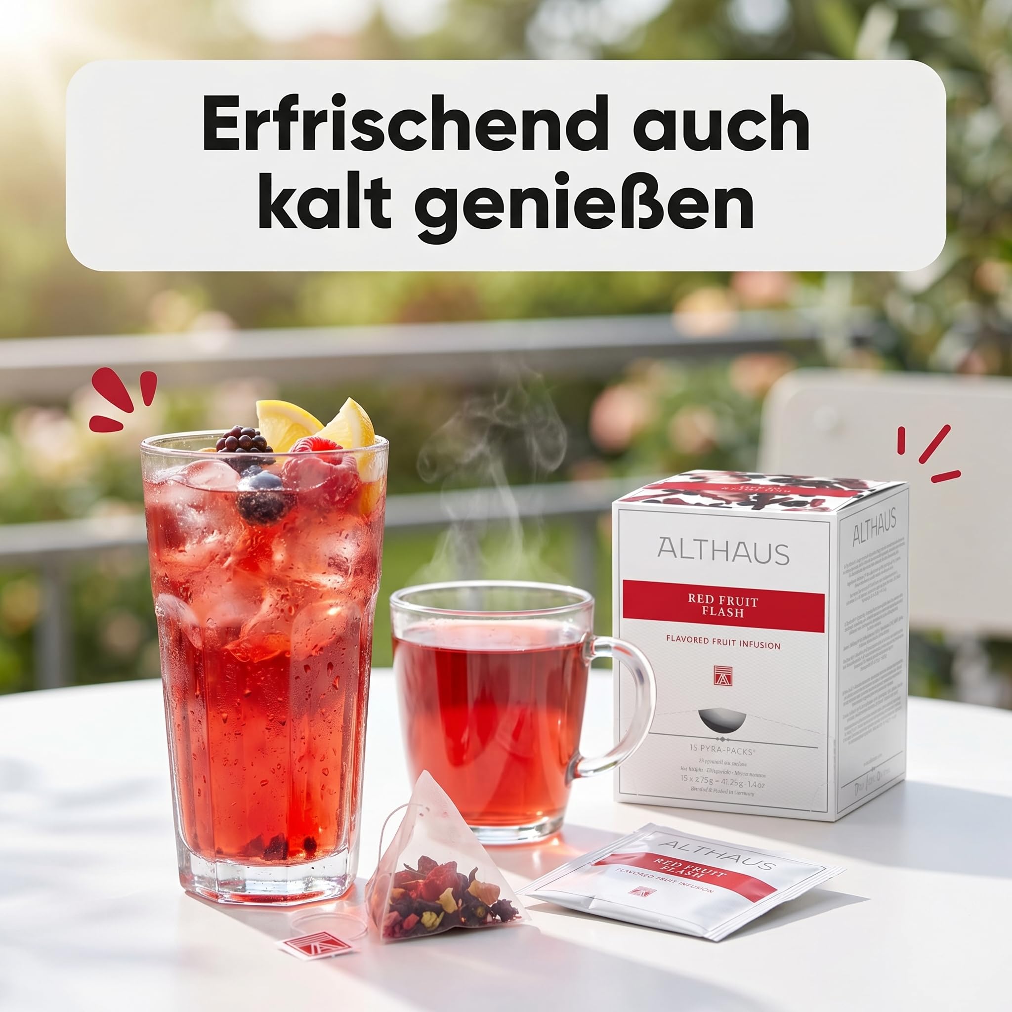 4er Set Althaus Tee Red Fruit Flash, 4 x 15 Pyramidenbeutel Premium Tee, Loser Tee in Pyramidenform, Aromatisierter Früchtetee, Fruchtinfusion in Pyramiden-Teebeuteln