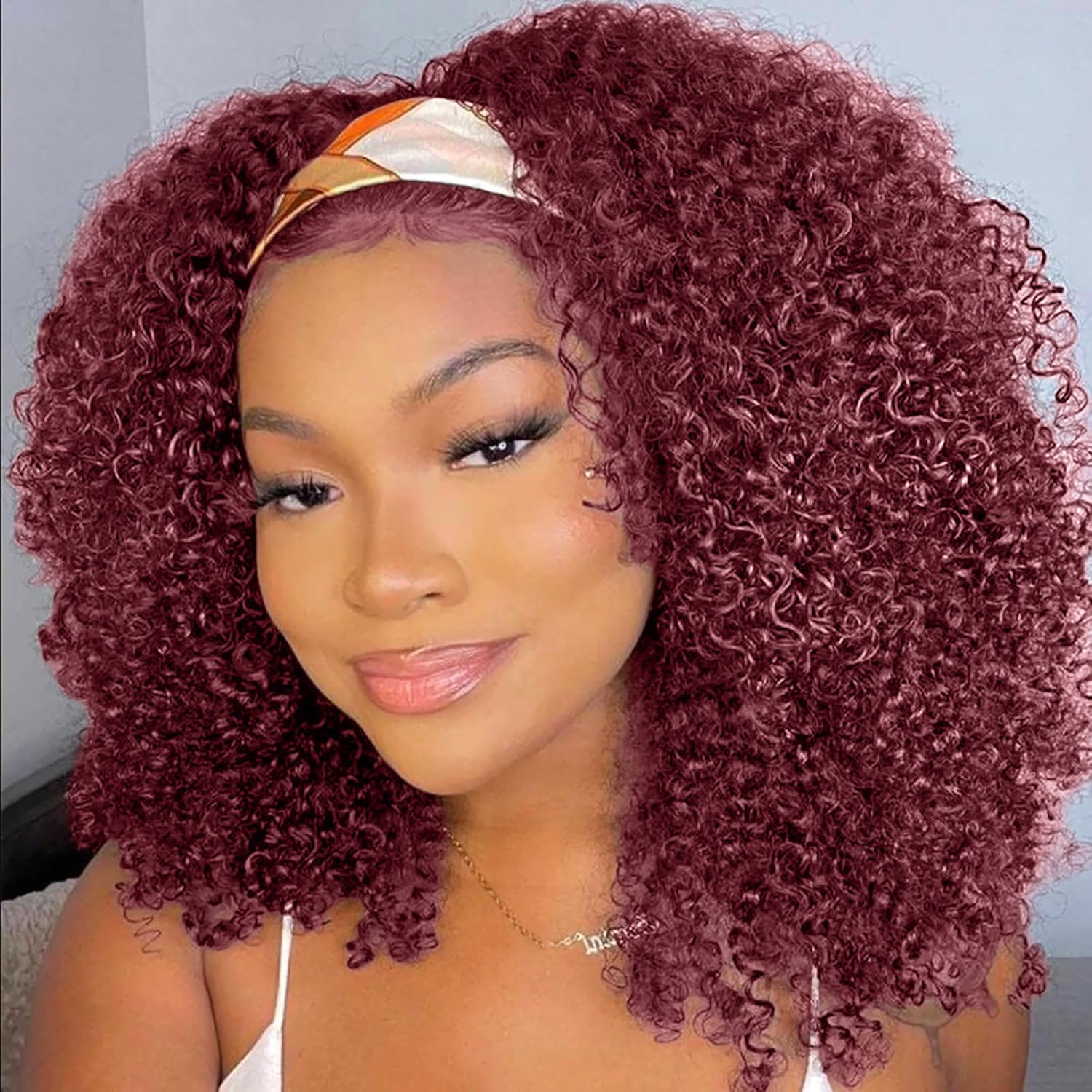 XSY Headband Wig Human Hair Kinky Curly 99J Burgundy 12 Inch Headband Wigs for Black Women Deep Curly Human Hair Wigs None Lace Front Wig 150% Density