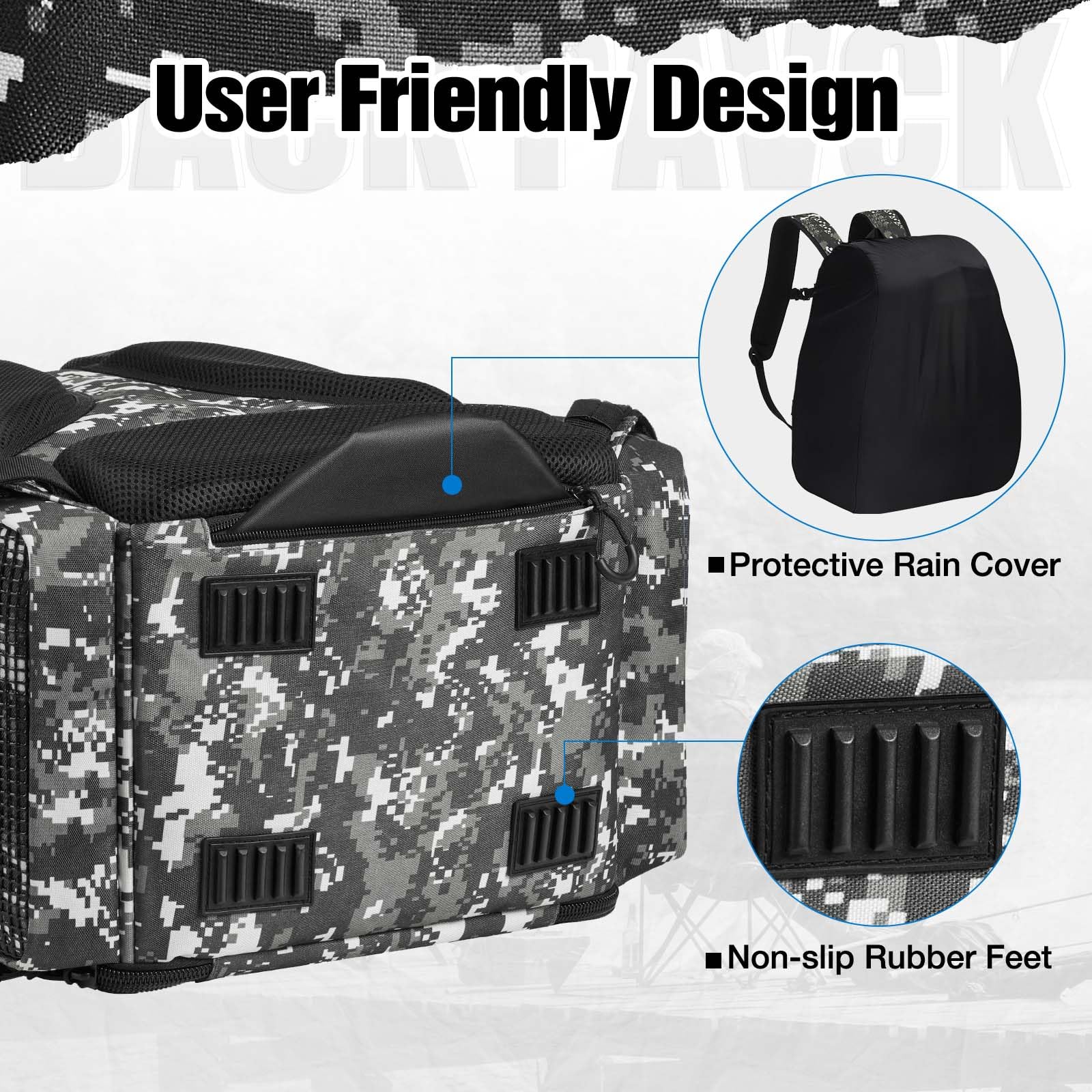 Piscifun Angelausrüstungsrucksack mit 4 Tackle-Boxen, Rutenhalter, wasserdichter Regenschutz, Flaschenhalter, 27 l großer Stauraum, wasserdichte Angelausrüstungstasche für Angelausrüstung, Camping,