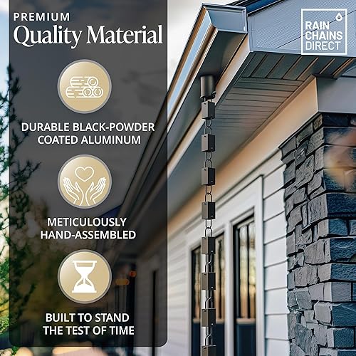 Miniatura 4 de Rain Chains Direct Cadena de lluvia de eslabones cuadrados 85 pies de largo aluminio revestimiento de polvo negro reemplazo funcional y decorativo