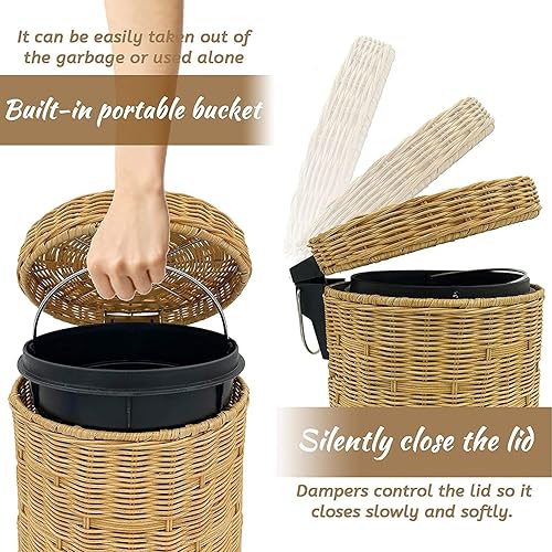 Miniatura 2 de Cubo de basura redondo de mimbre con tapa, cubo de basura tejido a mano tipo pie, cubo de basura separado en oficina y sala de estar, canasta de