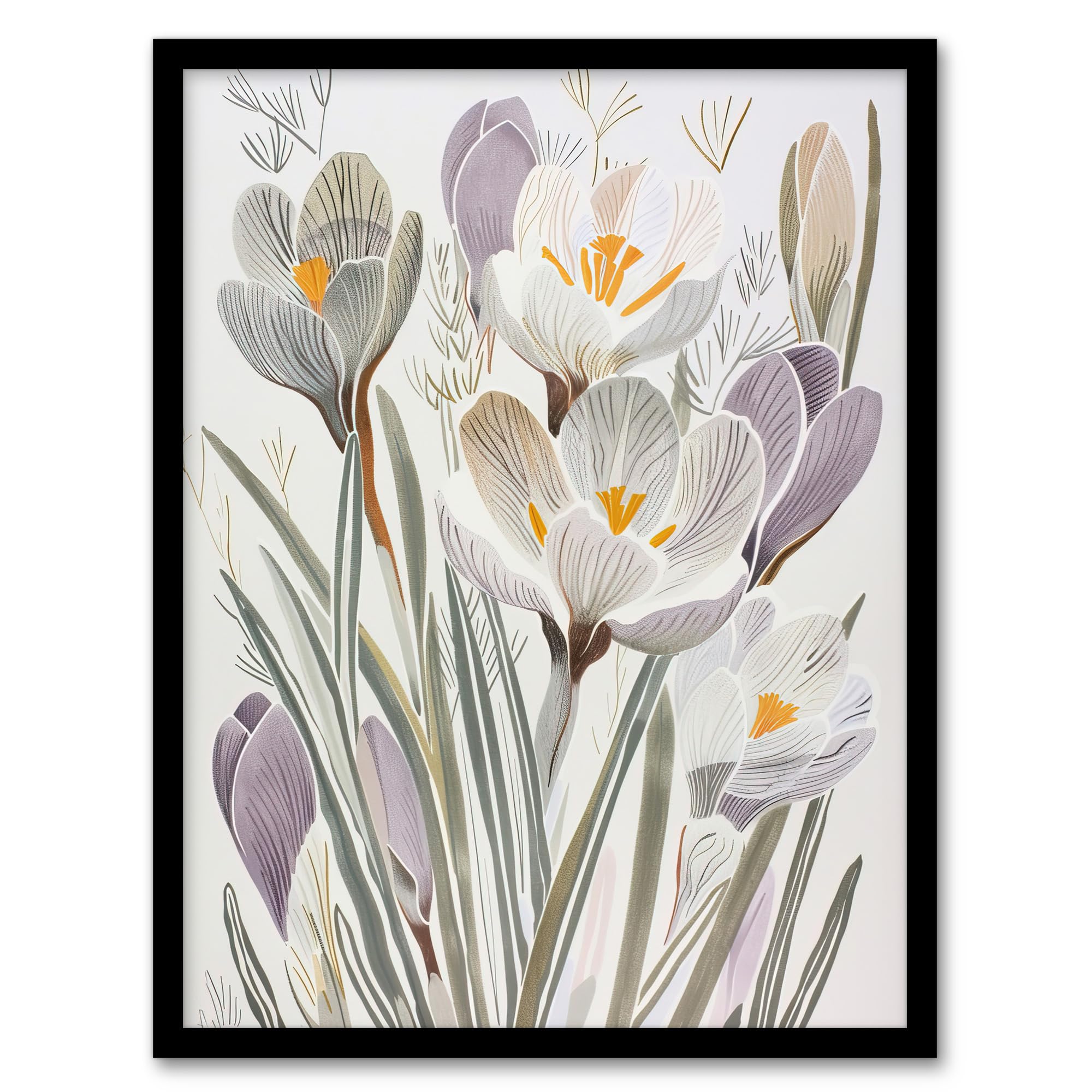 Artery8 Framed Art Print - Crocus Flowers in Bloom Artwork - Pastel Bouquet - A4 White