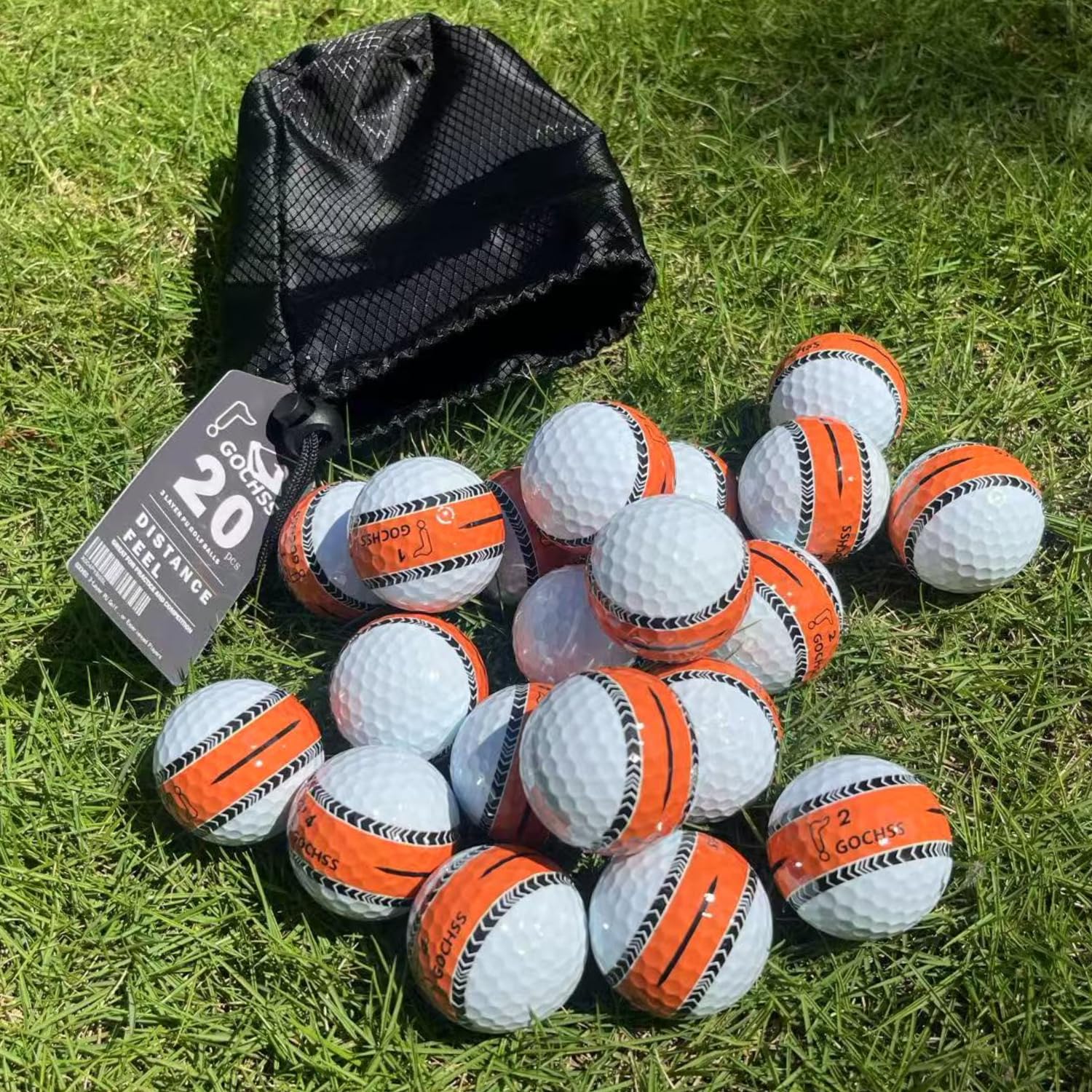 GOCHSS 3-Layer PU Golf Balls with Orange Aiming Line, 332 Dimples Soft Feel High Spin Control Stable Flight Pack of 20 - Golf Balls for Experienced Players