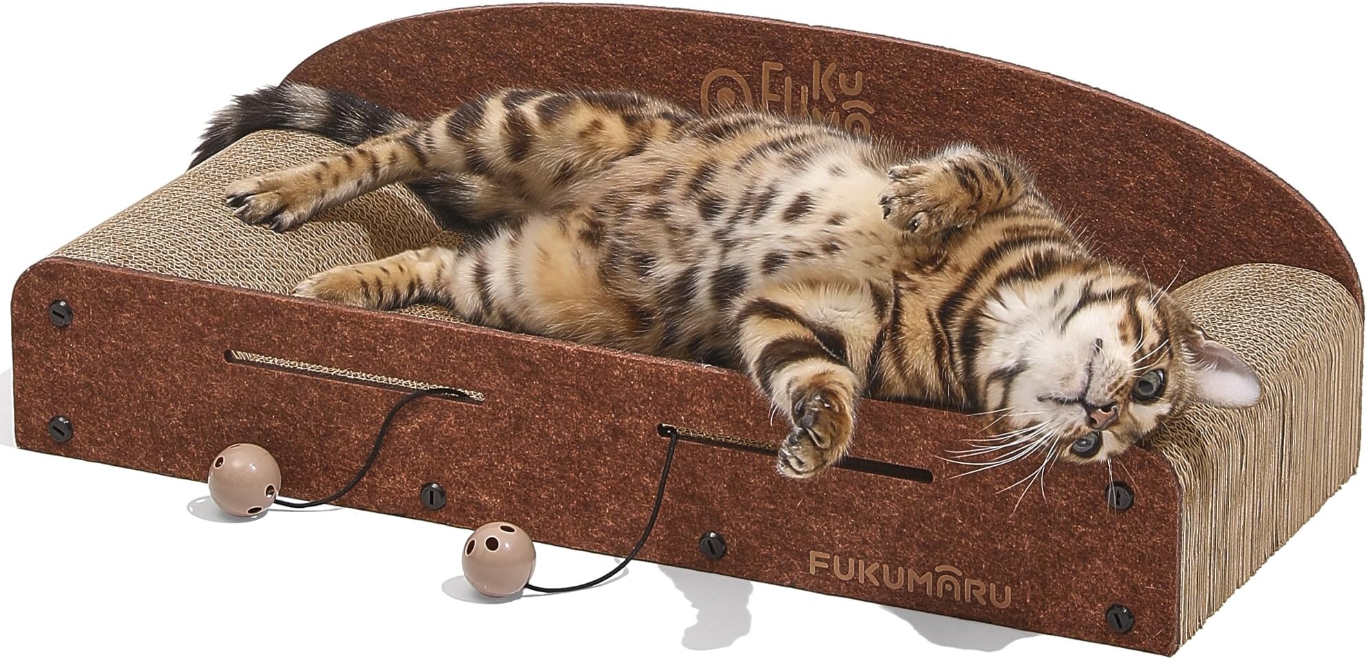 FUKUMARU Cat Scratcher Cardboard, 66cm Lounge Beds, Durable Cats Scratcher Bed Large Lounger, 2 Reversible Scratching Pads for Indoor Cats, Recyclable Cat Scratch Bed Cardboard with Bell Ball Toy