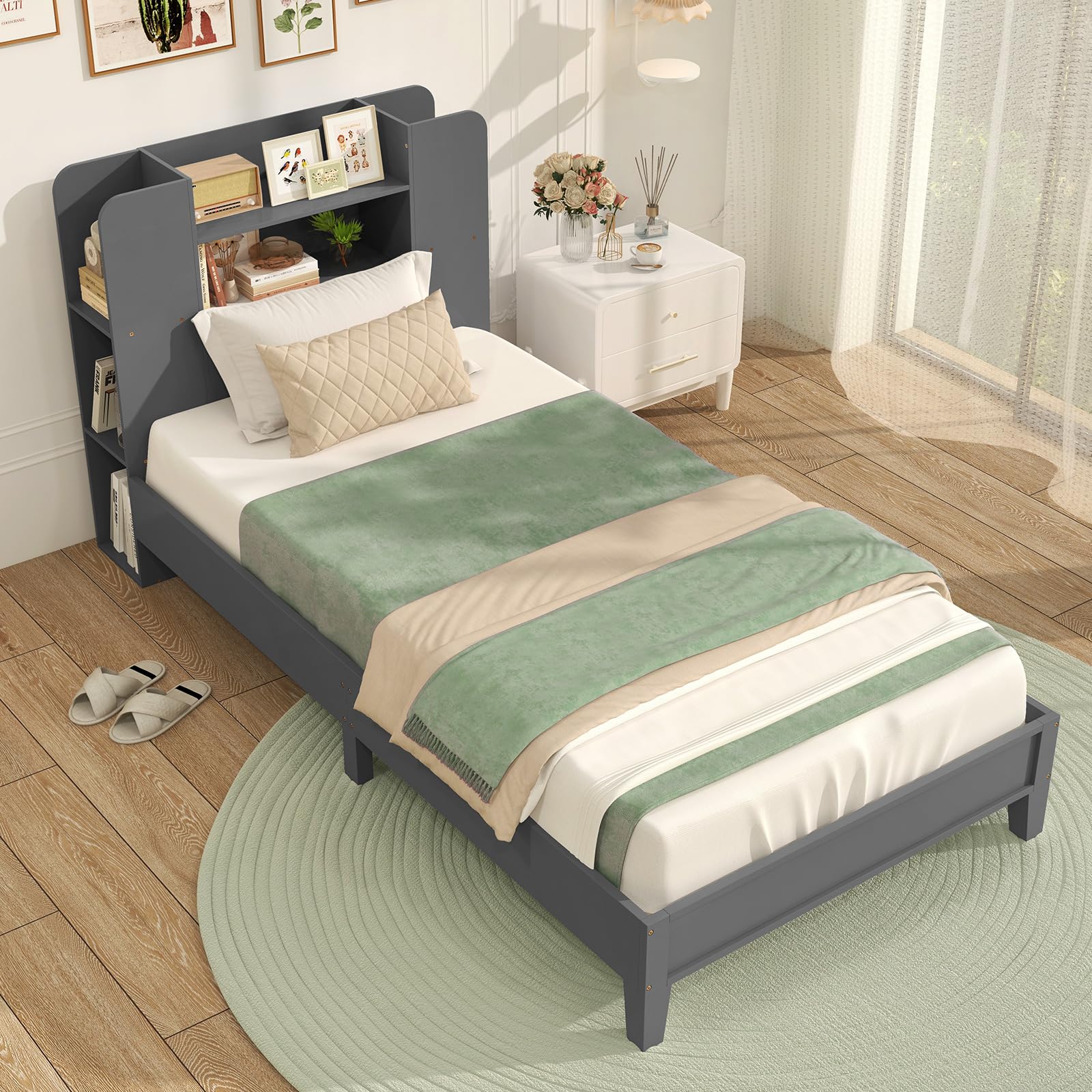 COSTWAY Twin Bed Frames with Storage Headboard, Kids Bed Frame with Plywood Slats Support, No Box Spring Needed (Grey)