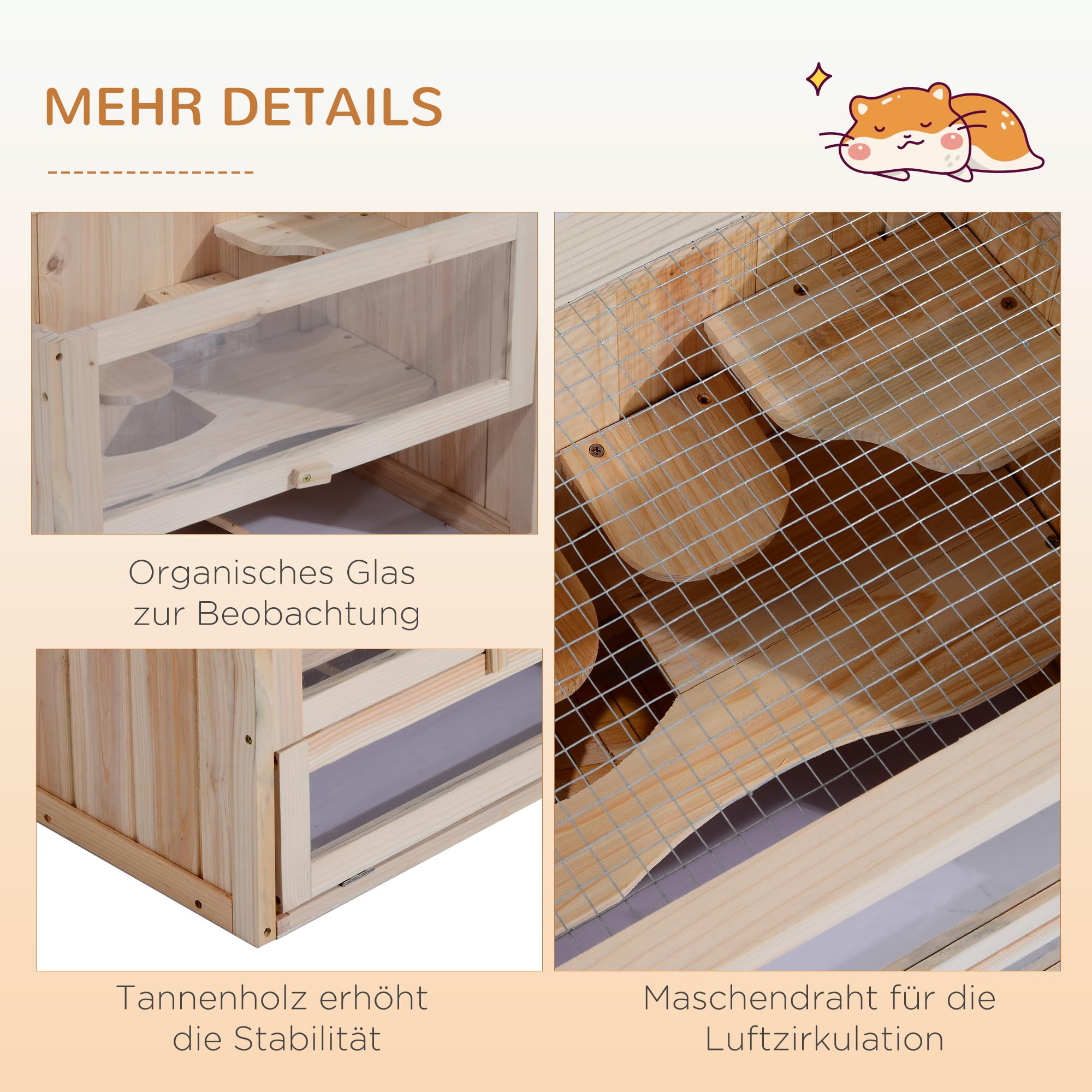 PawHut Hamsterkäfig aus Holz 2 Etagen 60 x 35 x 42 cm Nagerkäfig Kleintierkäfig mit aufklappbarem Gitterdach Trinkflasche Rampe Wippe Fütterungsstation Mäusekäfig für Zwerghamster Naturholz