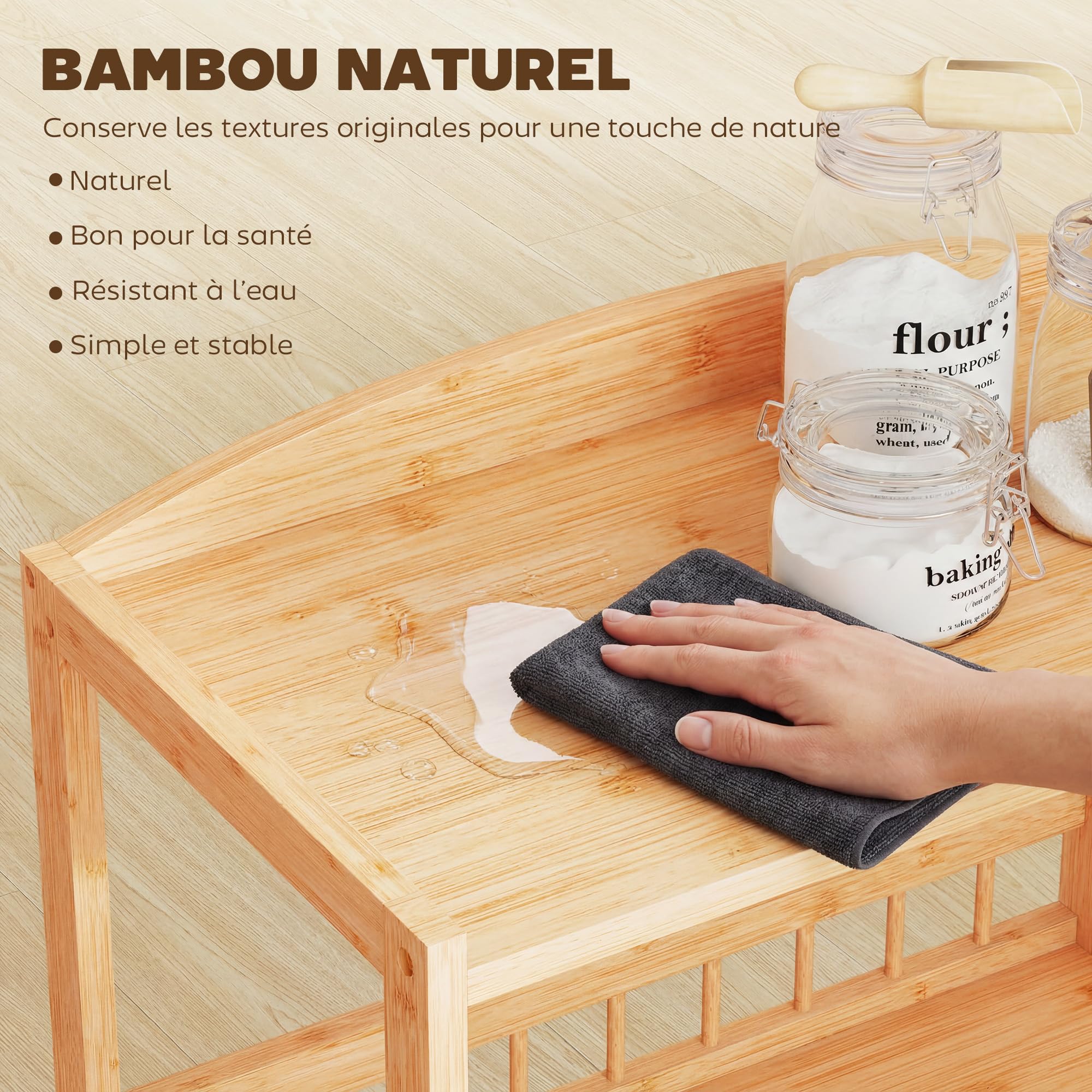 HOMCOM Chariot de Cuisine à 3 Niveaux, desserte à roulettes en Bambou, desserte Cuisine Multifonctionnel pour Chambre, Salon, Bureau, 53 x 30,5 x 83 cm, Bois Naturel