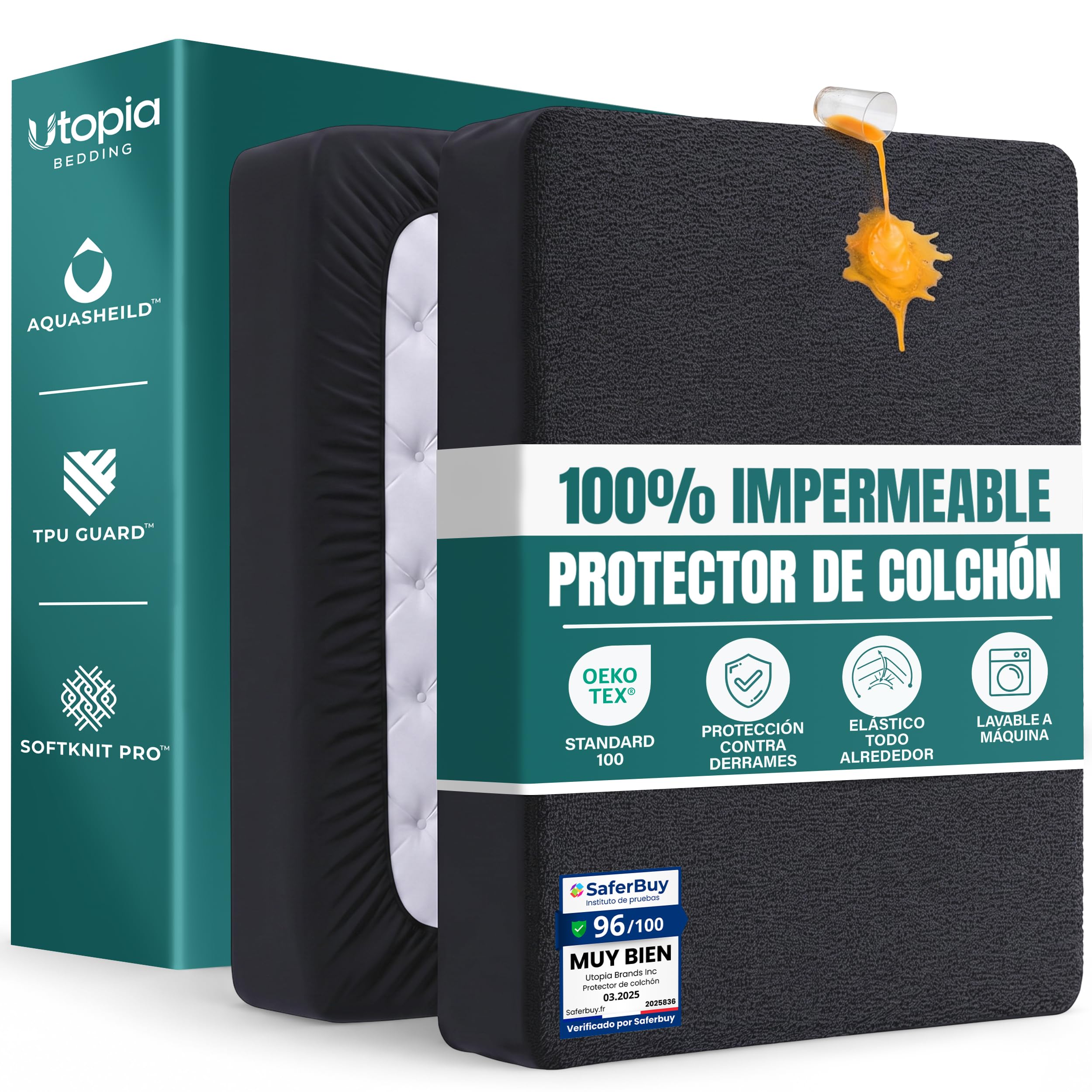 Utopia Bedding Protector Colchón 90 x 200 x 30 cm Impermeable, Certificación Oeko-Tex Funda Colchón, Cubre Colchón Transpirable, Elástico En Todo El Contorno Negro
