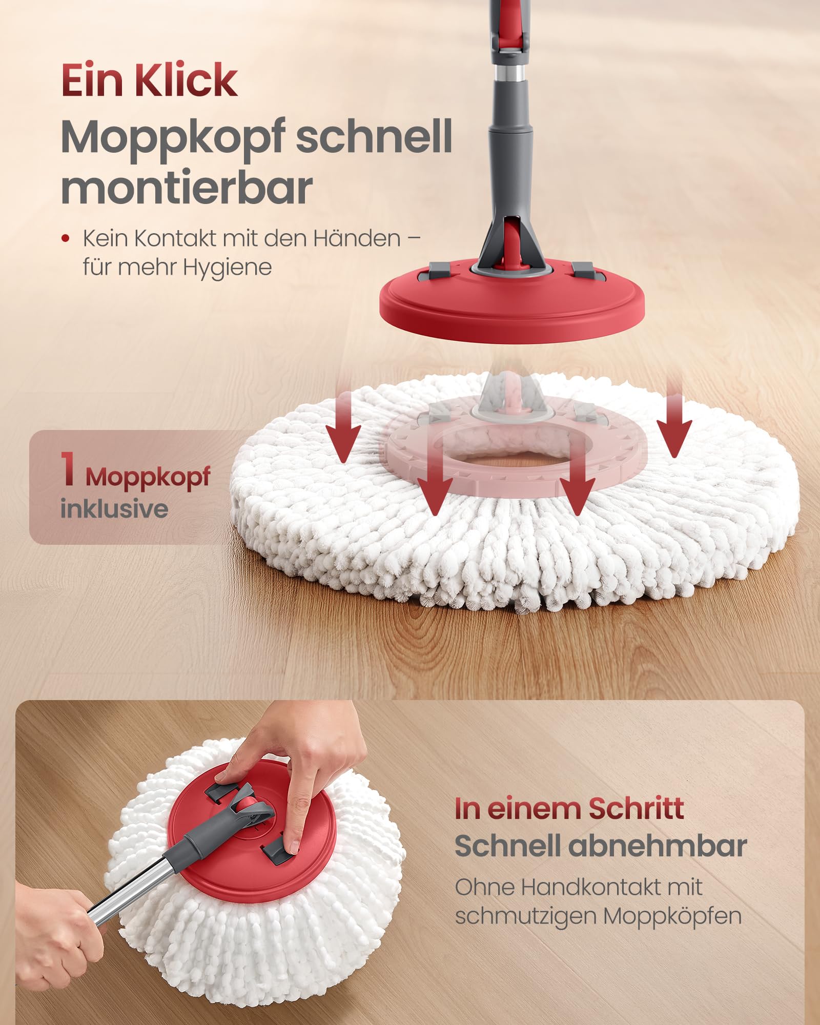 SONGMICS Wischmopp-Set mit Eimer, Bodenwischer mit Schleuder, Putzeimer mit Pedal und Auswringfunktion, Teleskopstiel 122,5-150 cm, 360°-Drehkopf, 3 Mikrofaserbezüge, grau-rot LMB002GT03