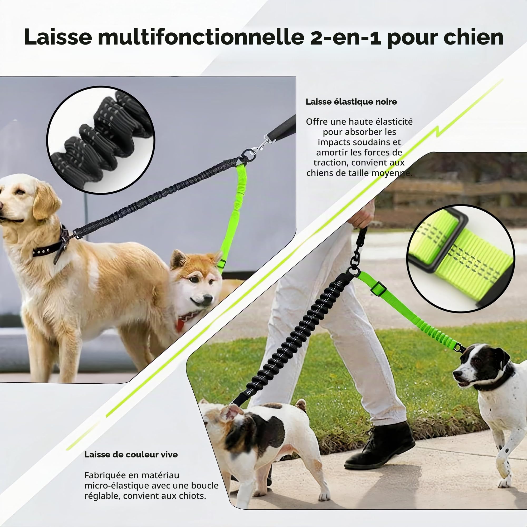Laisse Double pour 2 Chiens Rétractable Vert Fluorescent - sans Enchevêtrement Pivot 360° avec Amortisseur Élastique et Coutures Réfléchissantes pour Promenades Sécurisées de Petits et Moyens Chiens