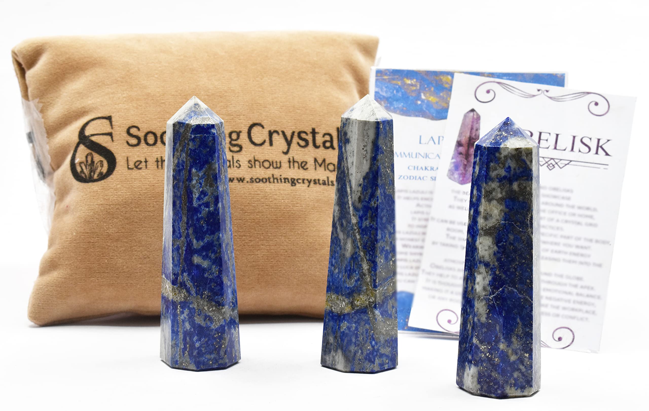 Bulk 3 Pcs Lapis Lazuli Healing Crystal Wand Gemstone Hexagonal Pointed Tower Points Crystal Obelisks Ideal Gift w/Pouch to Carry & Obelisk, Crystal Info Cards (Lapis Lazuli)