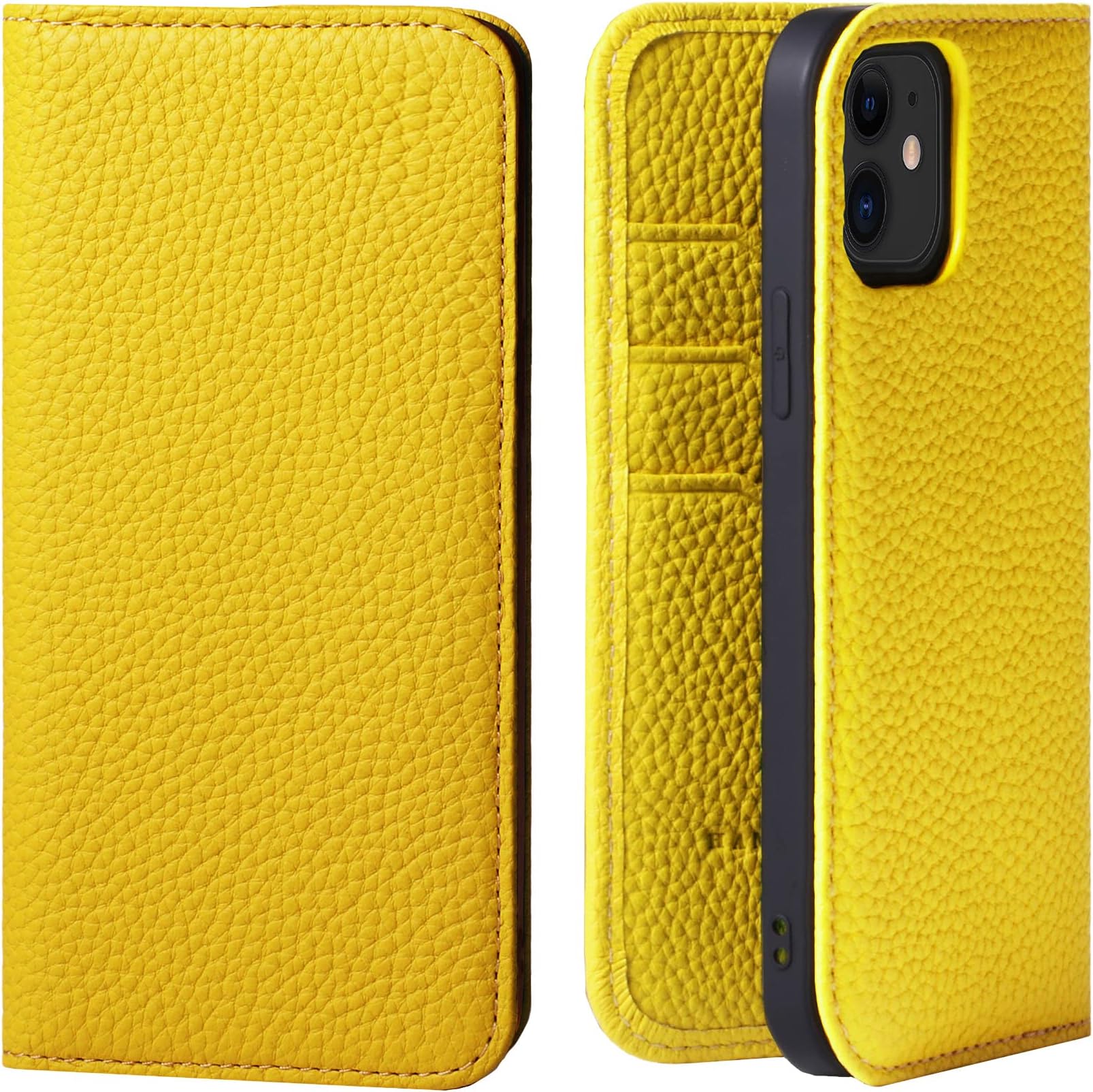 Hanatora] iPhone 12/12 Pro, Flip-case, Shrink Calf Leather, Card Slot, No Magnets, PH-12Pro-Yellow