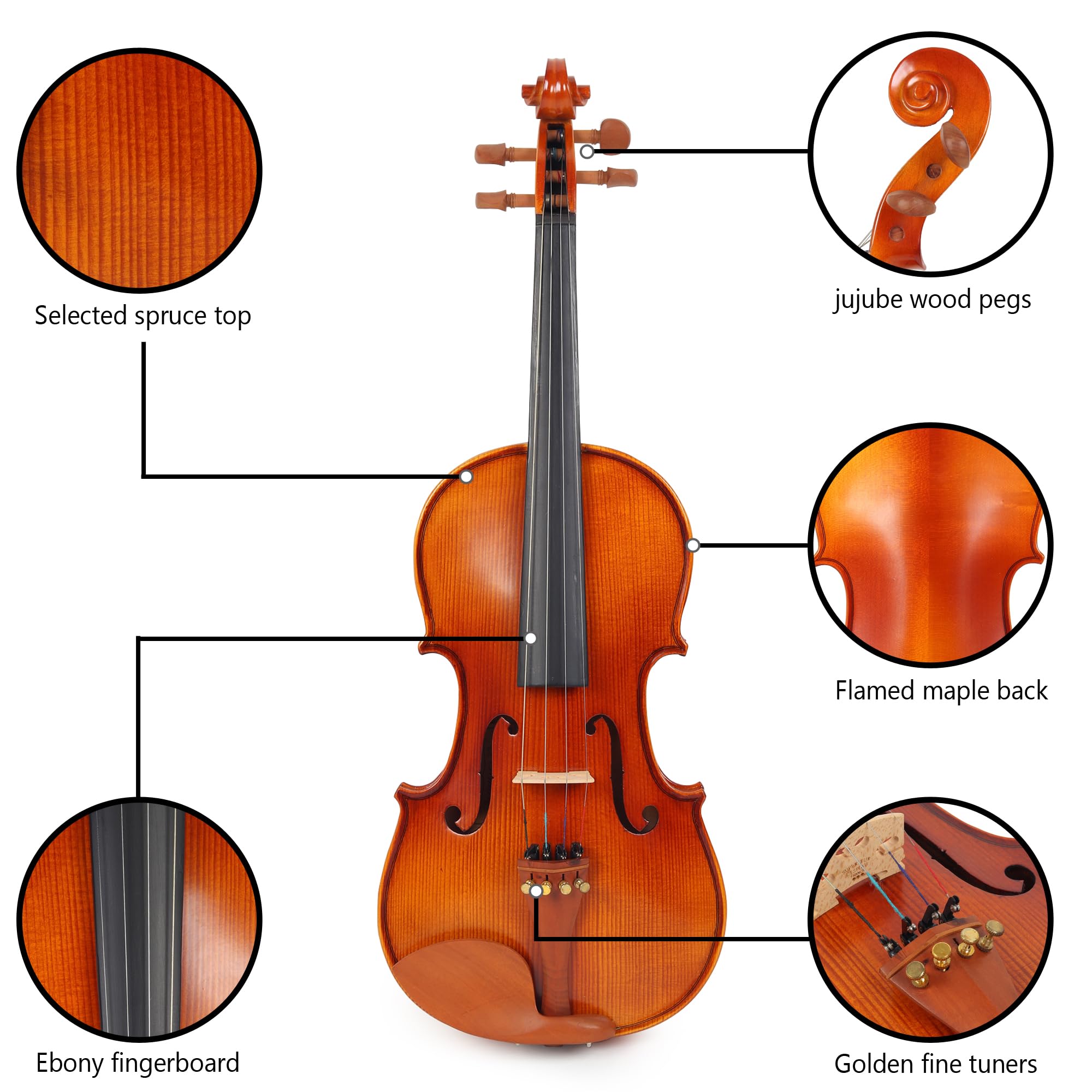 PERLMAN Classic Full Size 4/4 Violin With Brazil Wood Bow, Rosin