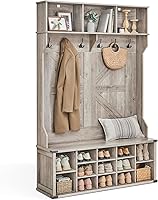 VASAGLE Hall Tree with Bench & Shoe Storage, 16 Compartments, 6 Tri-Hooks, Farmhouse Entryway Coat Rack, Heather Greige UHSR427K02