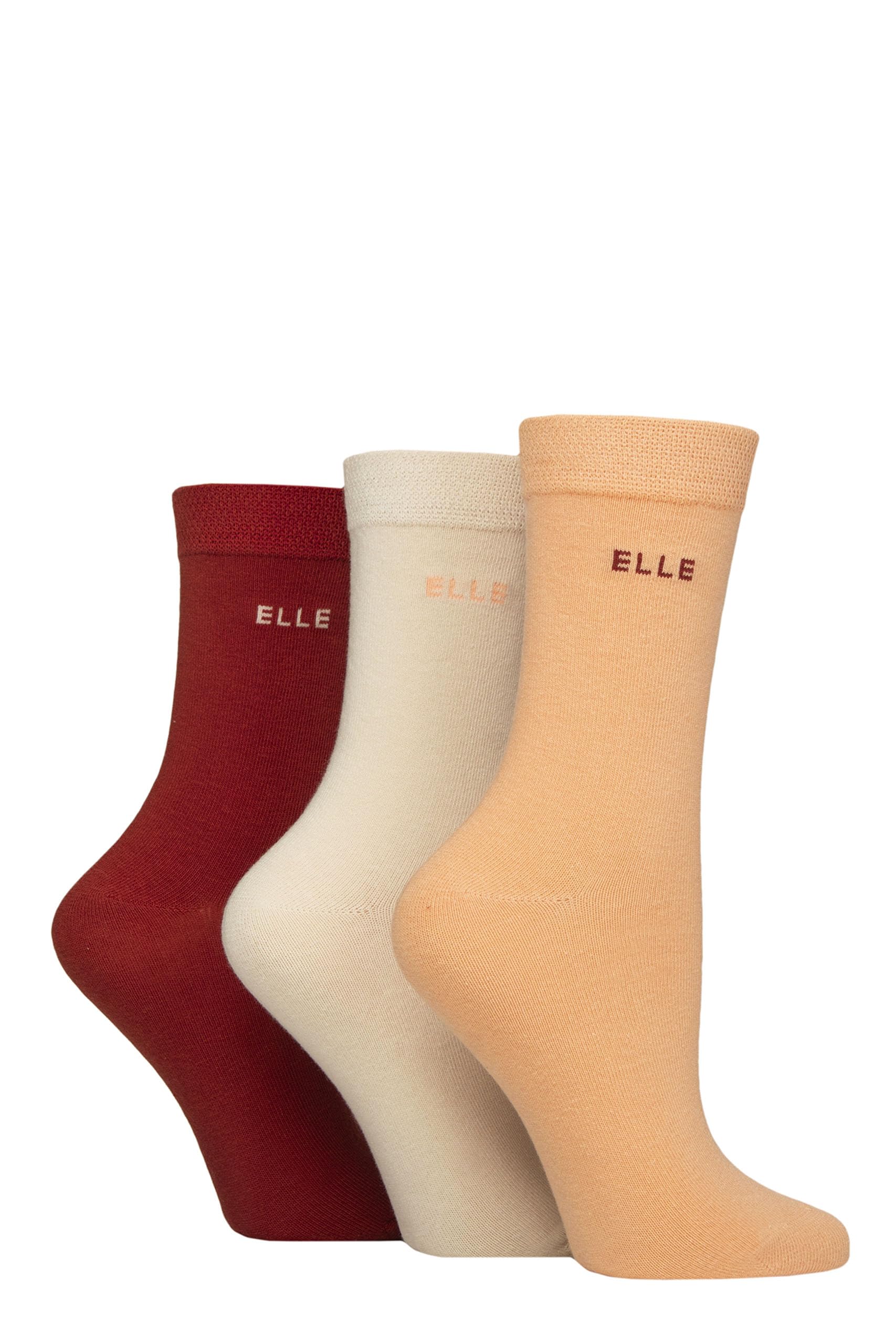 ELLE Women's Soft Cotton Socks - Plain, Striped and Patterned with Hand Linked Toes Multipack of 3 Pairs Size 4-8 (UK, Numeric, 4, 8, Regular, Regular, Plain Wild Poppy)