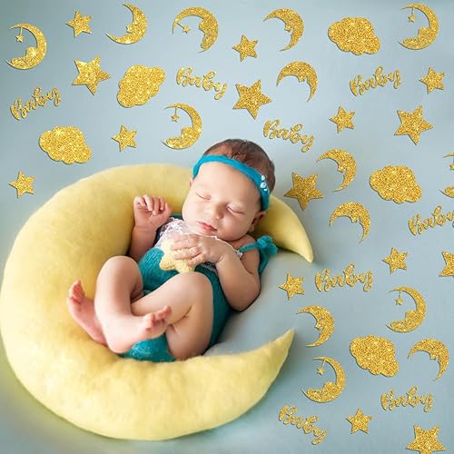 Miniatura 7 de 360 piezas de confeti de estrella centelleante con purpurina dorada y luna, nubes, confeti de estrella, confeti de estrella, decoración de baby
