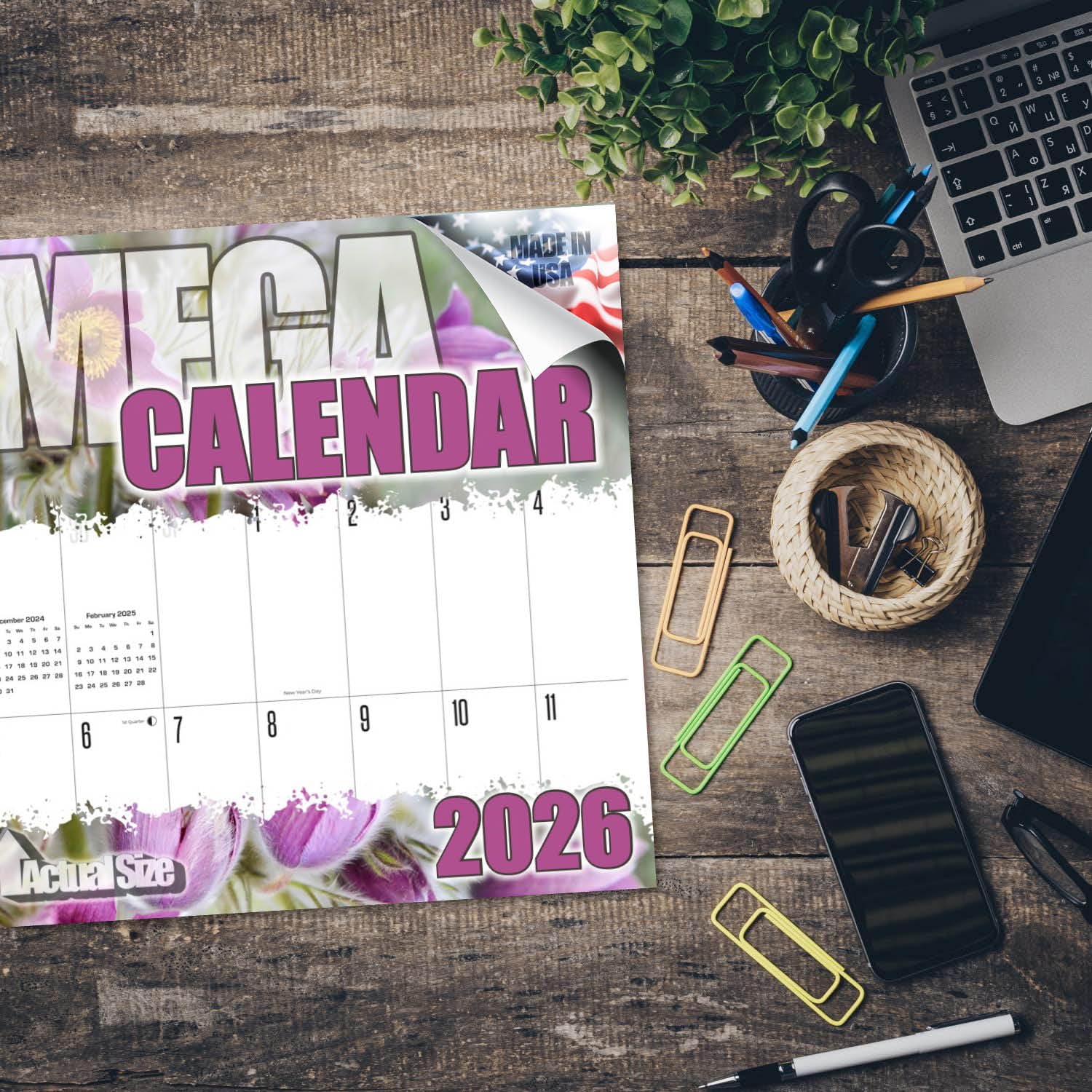 Wandkalender 2025 2026 mit großem Raster, Blumenmotiv, großer Druck, großes Raster, Wandplaner, 30,5 x 61 cm, offen, dickes Papier, kein Ausbluten, Geschenk für Lehrerplanung, Organisation