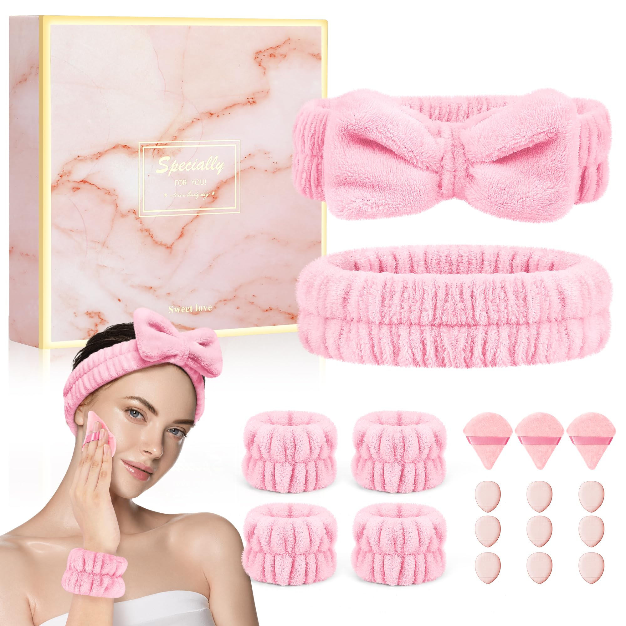 CrosizeHeadbands and Wristbands Set for Washing Face, Spa, Skincare, Gift for Women and Girls, with Powder Puffs, Pink